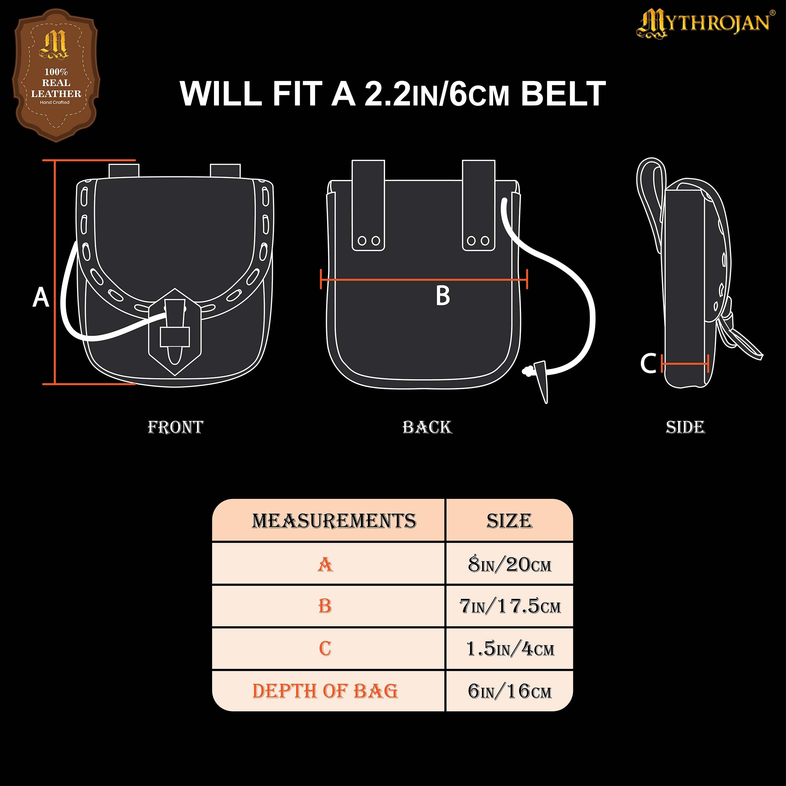 Mythrojan “The Adventurer’s” Belt Bag with Horn Toggle, ideal for SCA LARP reenactment & Ren fair, Full Grain Leather, Black 7”