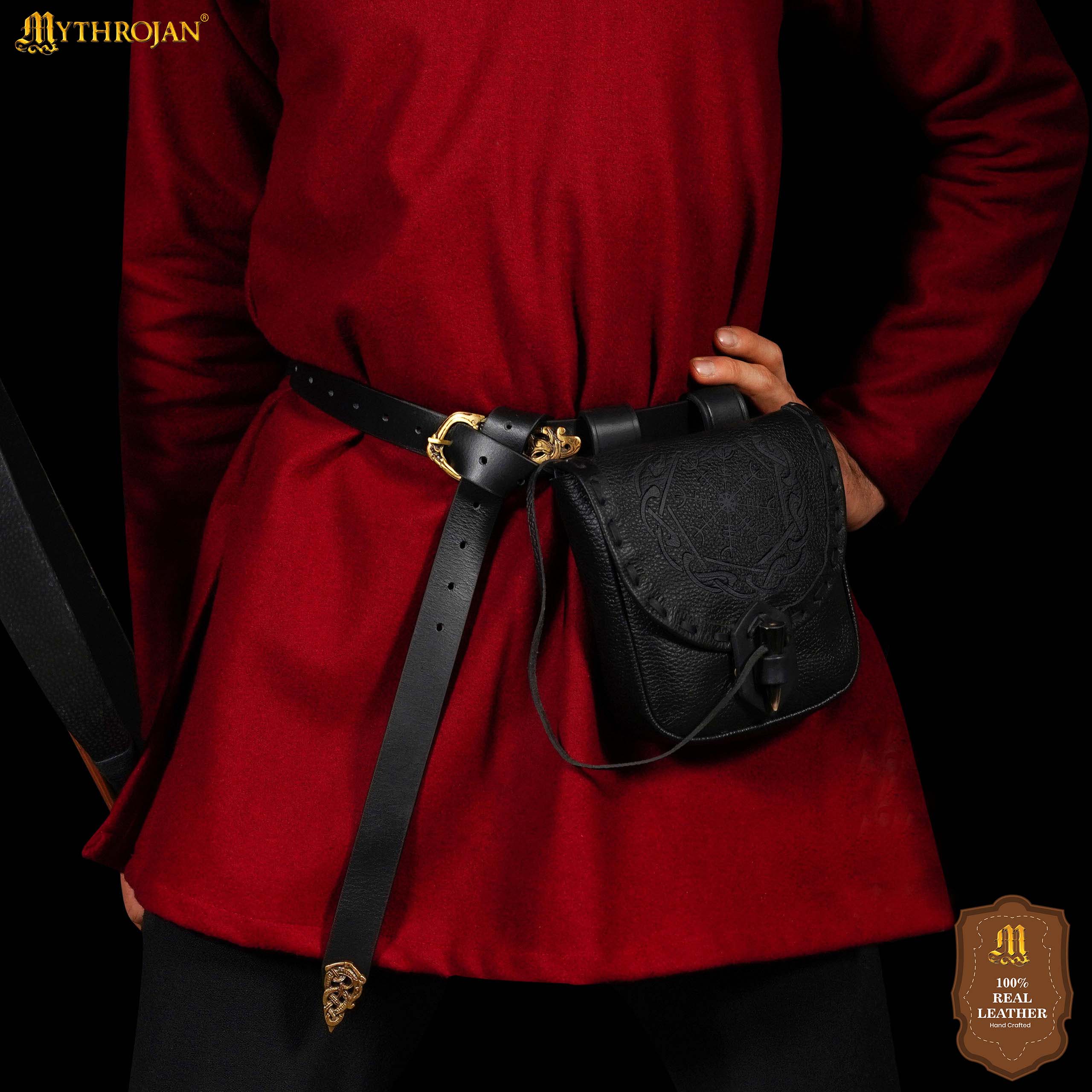 Mythrojan “The Adventurer’s” Belt Bag with Horn Toggle, ideal for SCA LARP reenactment & Ren fair, Full Grain Leather, Black 7”