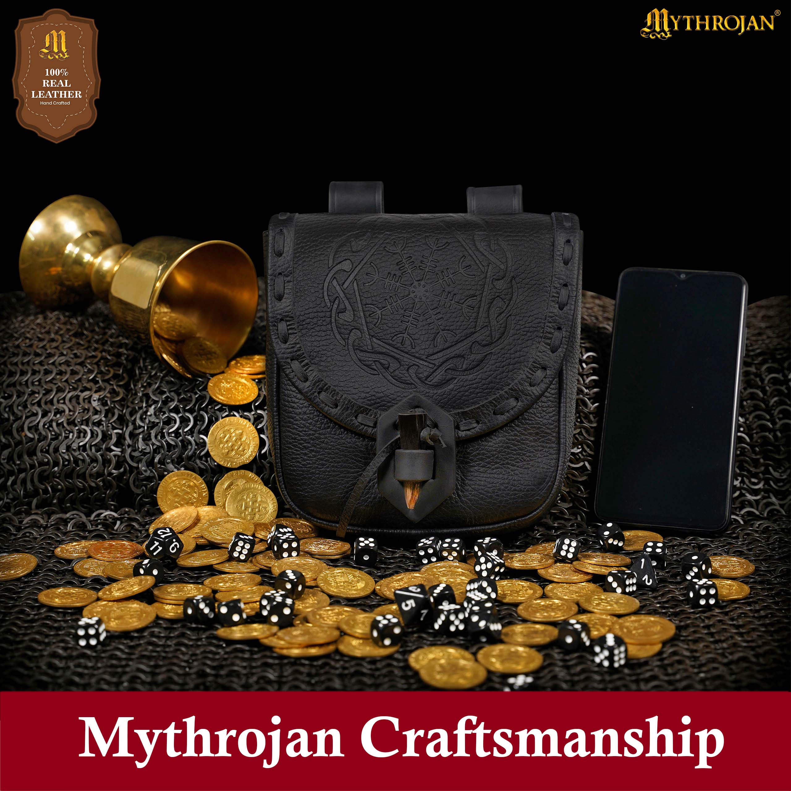 Mythrojan “The Adventurer’s” Belt Bag with Horn Toggle, ideal for SCA LARP reenactment & Ren fair, Full Grain Leather, Black 7”