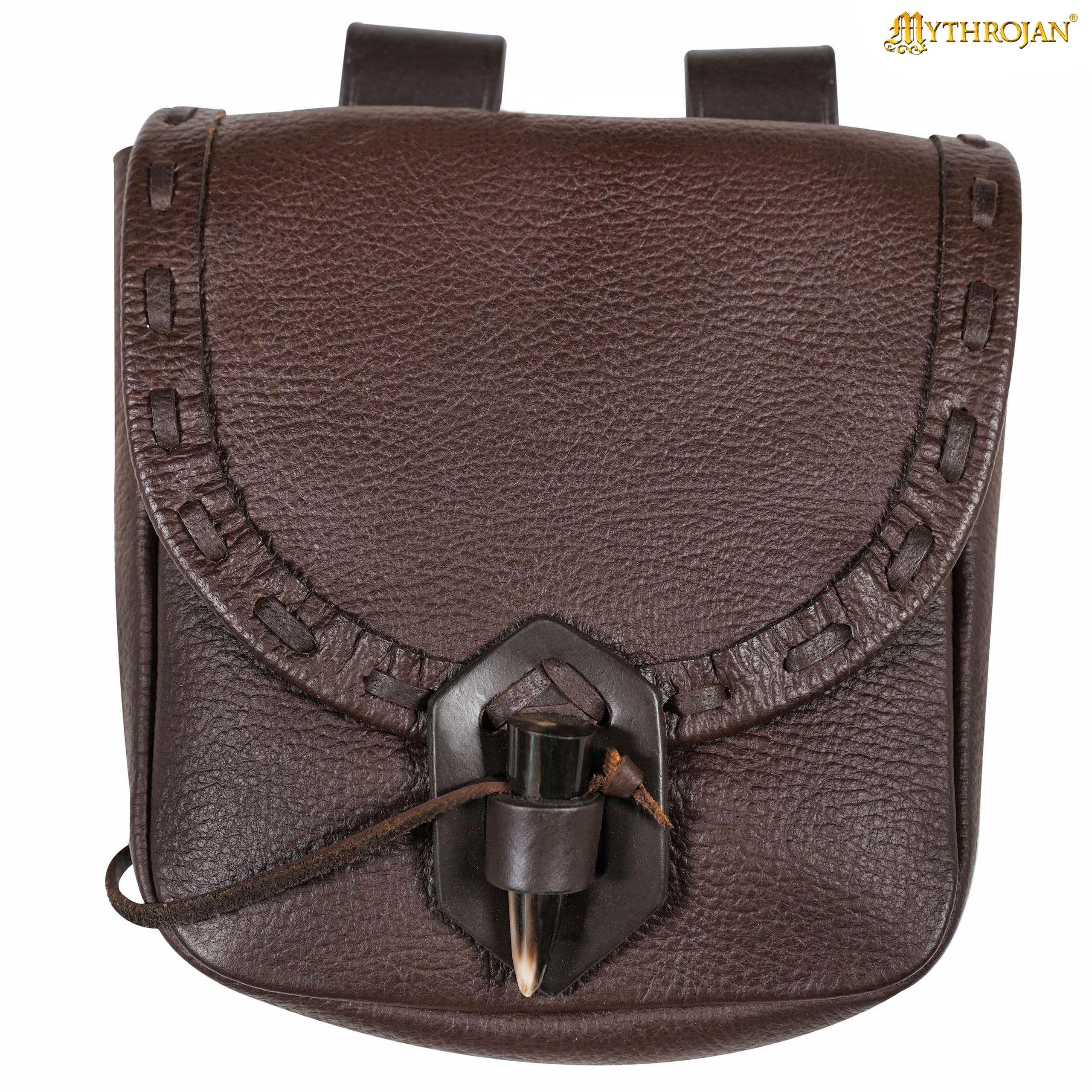 Mythrojan Handcrafted Medieval Leather Belt Bag with Horn Toggle Closure