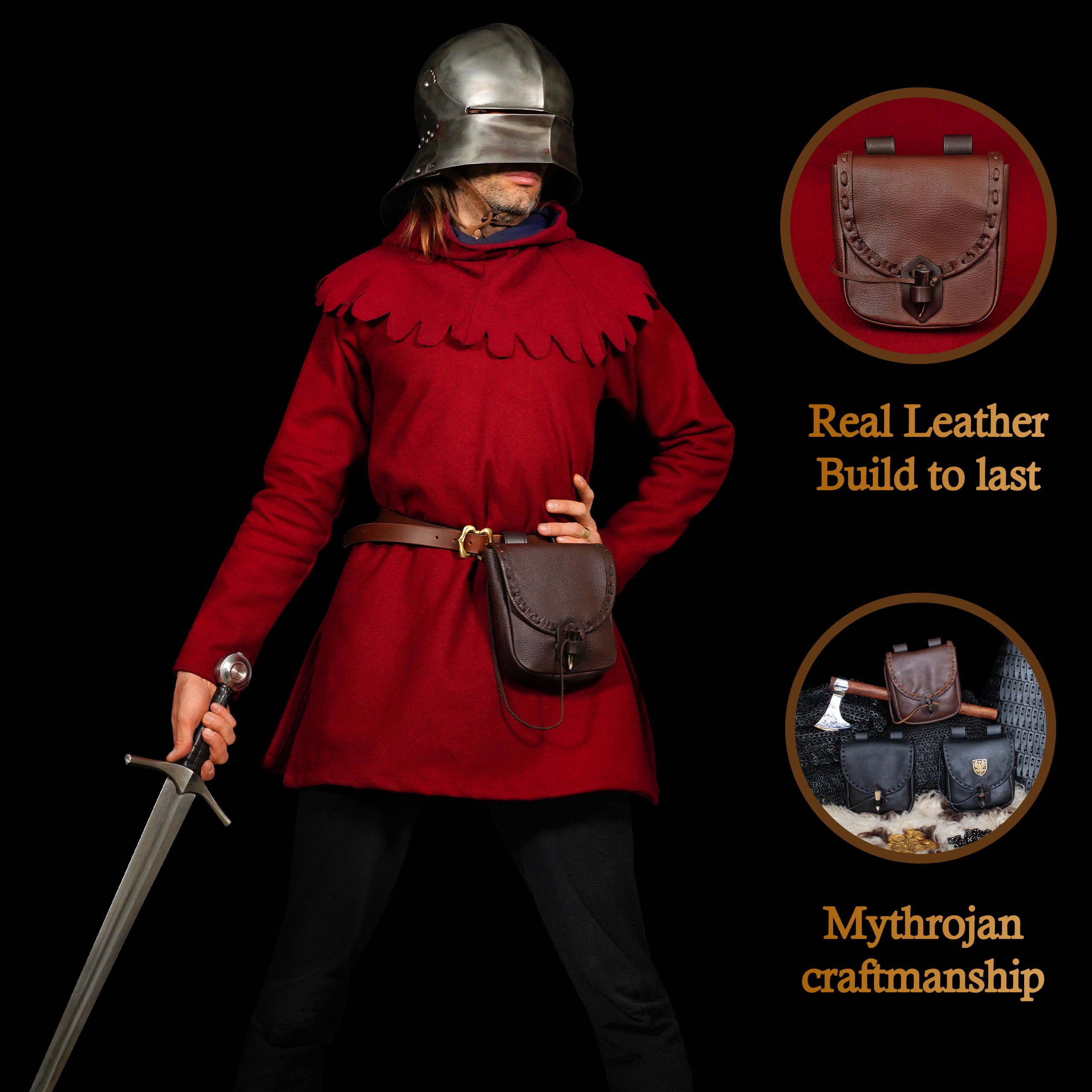 Mythrojan Handcrafted Medieval Leather Belt Bag with Horn Toggle Closure