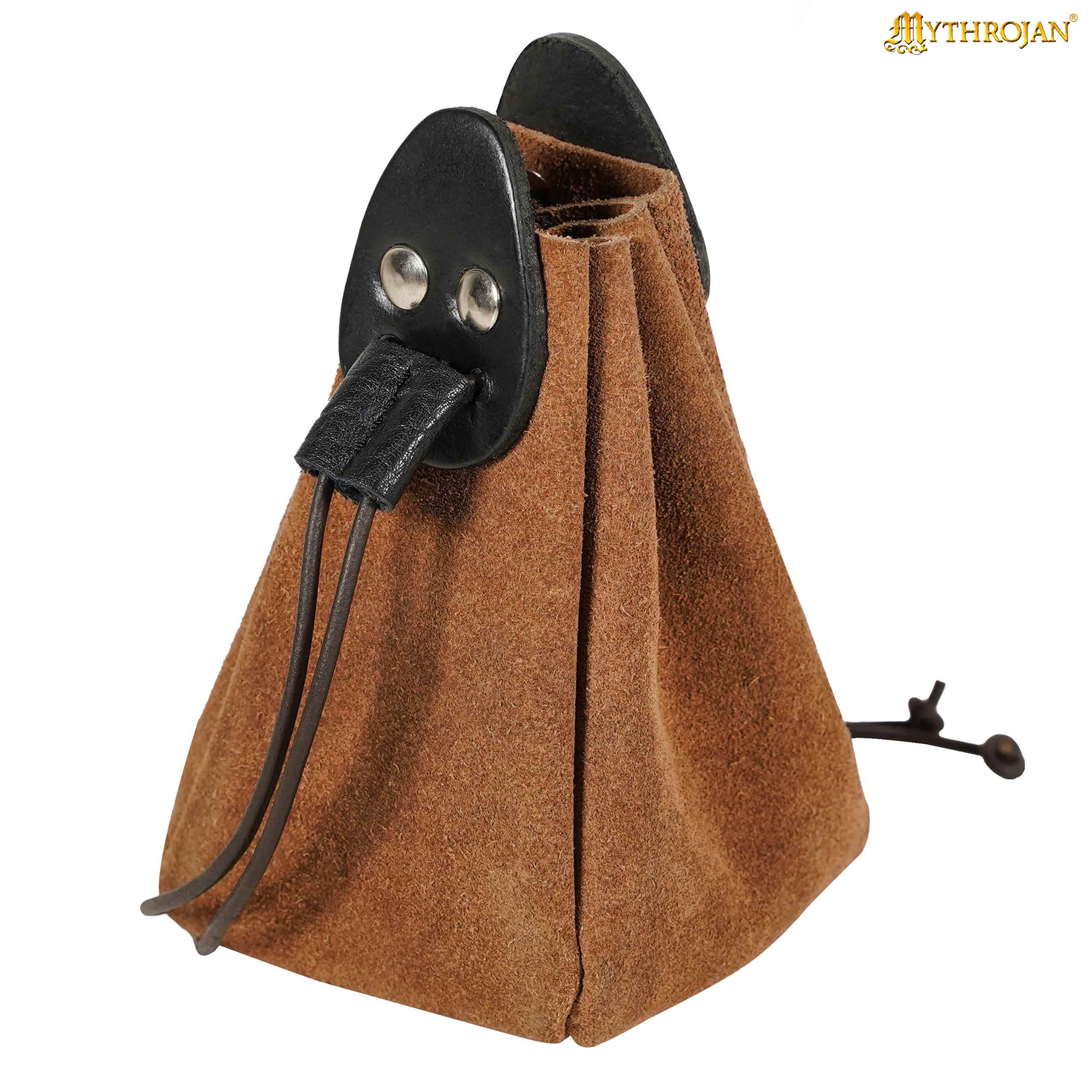 Mythrojan “Gold and Dice” Drawstring Pouch, Ideal for SCA LARP Reenactment & Ren fair - Suede Leather Pouch, Black and Brown , 6 ”