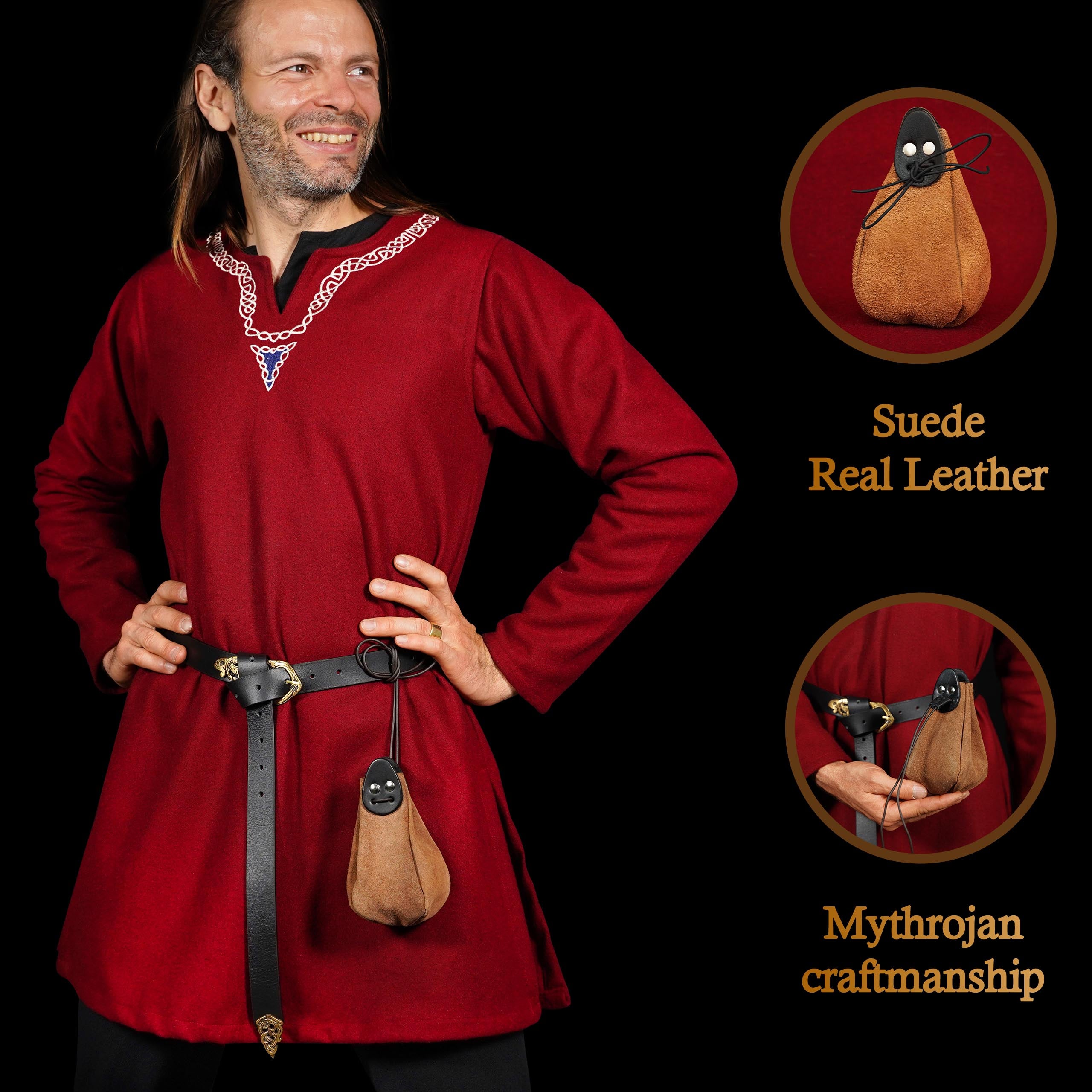 Mythrojan “Gold and Dice” Drawstring Pouch, Ideal for SCA LARP Reenactment & Ren fair - Suede Leather Pouch, Black and Brown , 6 ”