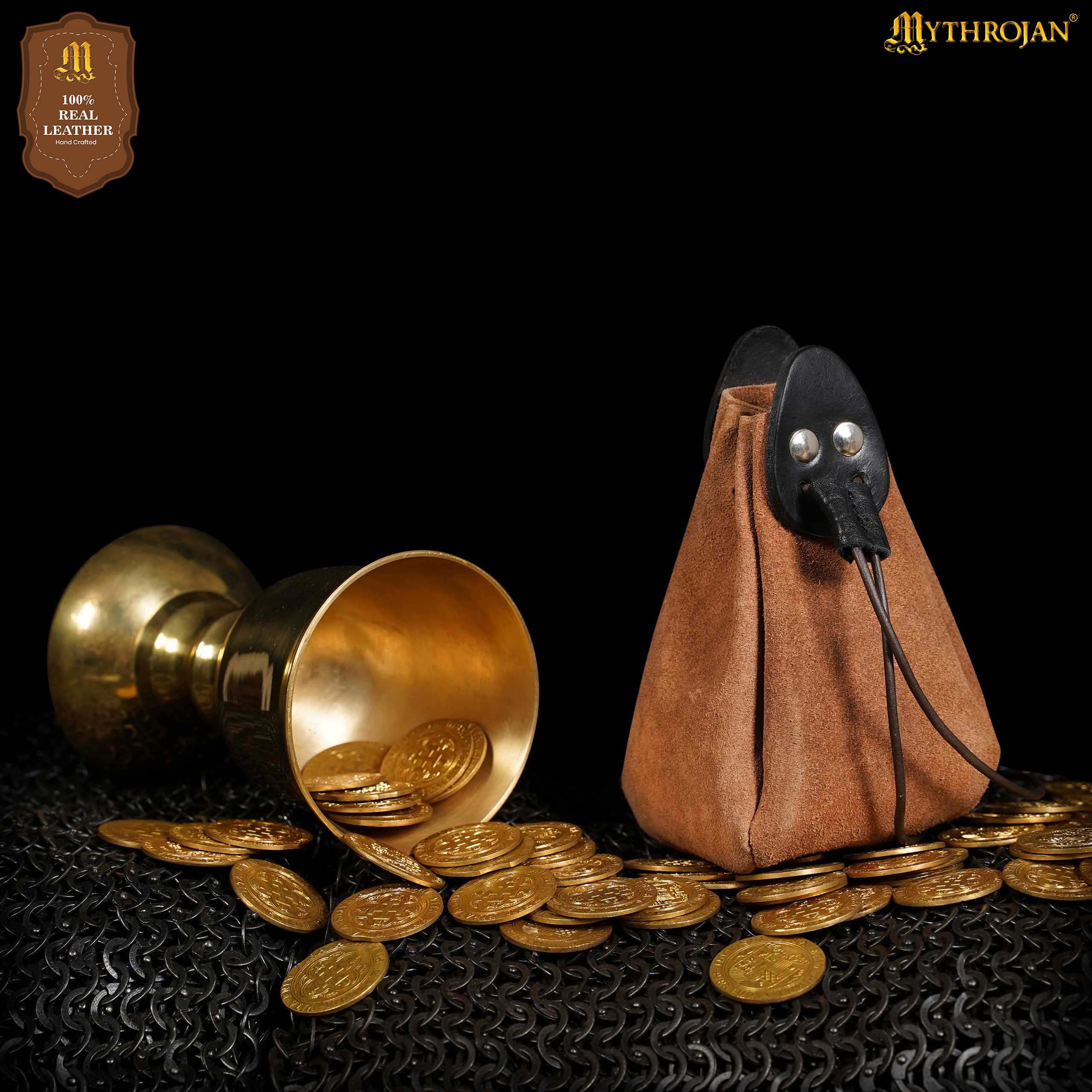 Mythrojan “Gold and Dice” Drawstring Pouch, Ideal for SCA LARP Reenactment & Ren fair - Suede Leather Pouch, Black and Brown , 6 ”