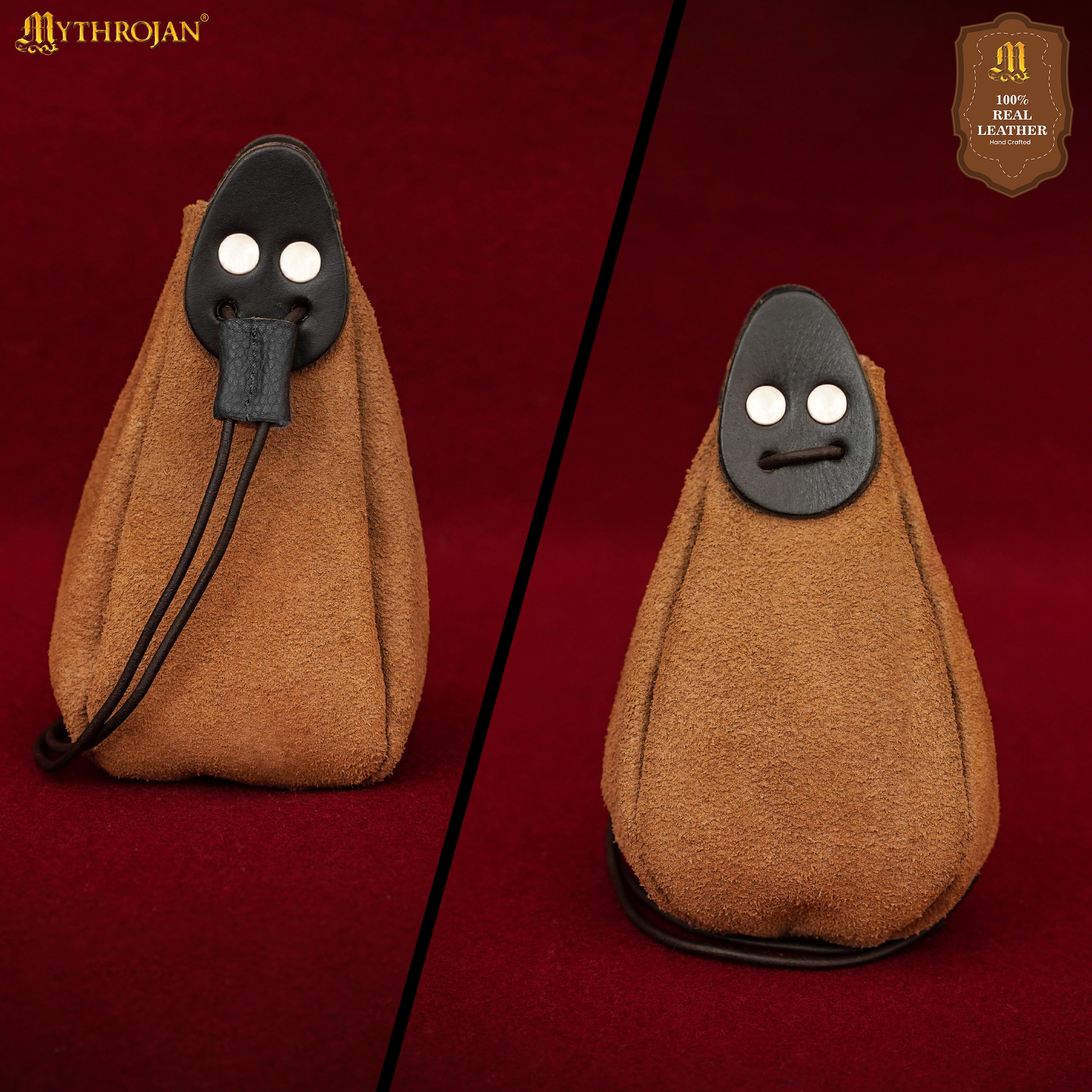Mythrojan “Gold and Dice” Drawstring Pouch, Ideal for SCA LARP Reenactment & Ren fair - Suede Leather Pouch, Black and Brown , 6 ”
