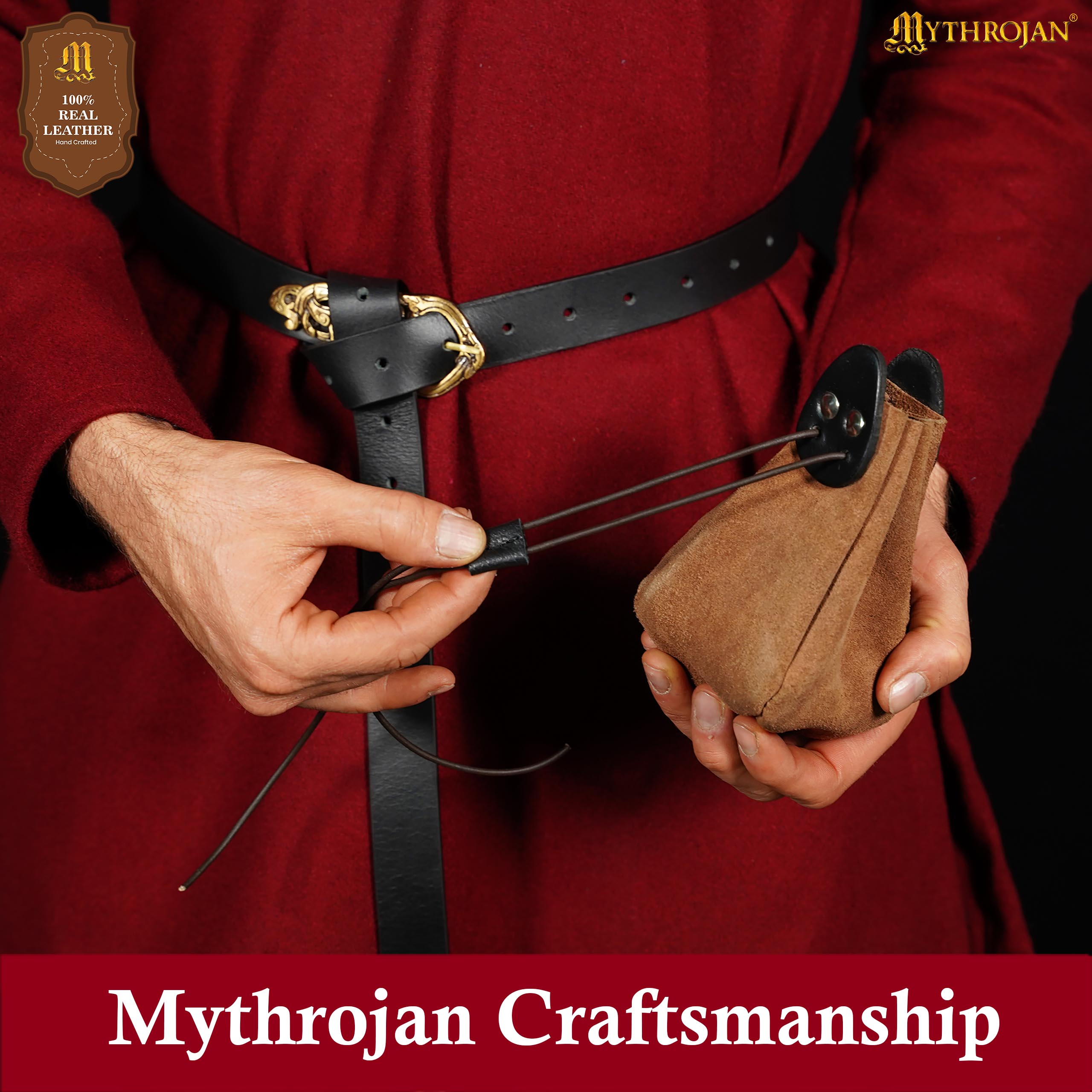 Mythrojan “Gold and Dice” Drawstring Pouch, Ideal for SCA LARP Reenactment & Ren fair - Suede Leather Pouch, Black and Brown , 6 ”