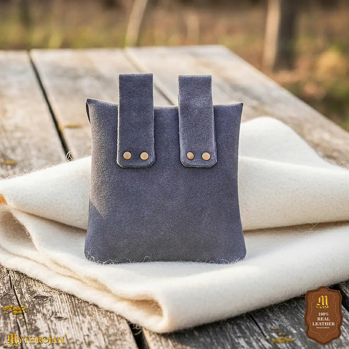 Mythrojan Suede Belt Bag, Ideal for SCA LARP Reenactment & Ren fair, Suede Leather, Blue , 5 .5”× 5.1 ”