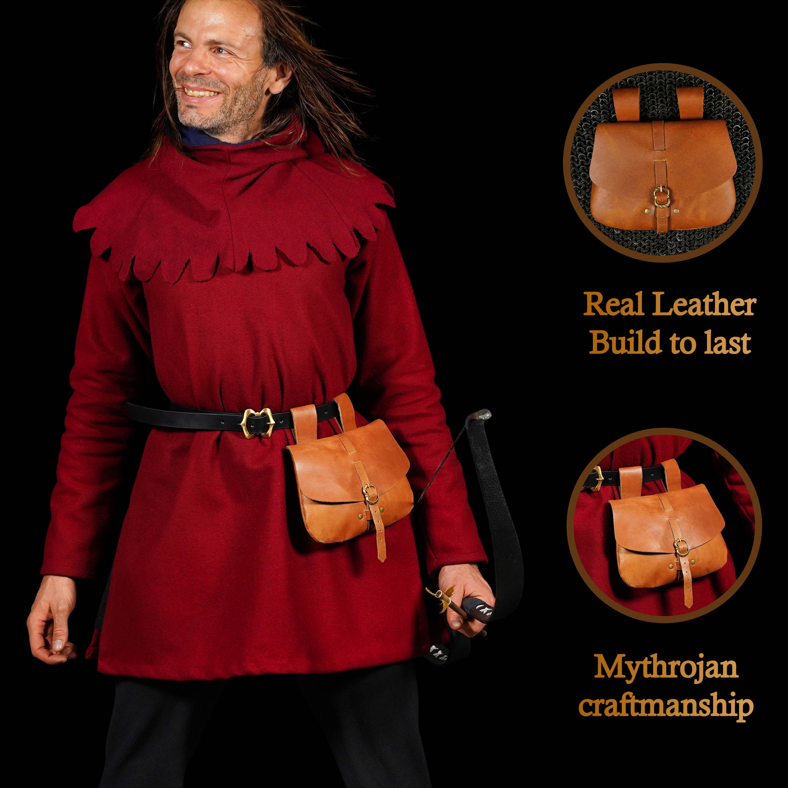 Mythrojan Medieval Leather Bag, Ideal for SCA LARP Reenactment & Ren fair , Full Grain Leather, Brown 6.2 ”× 7 ”