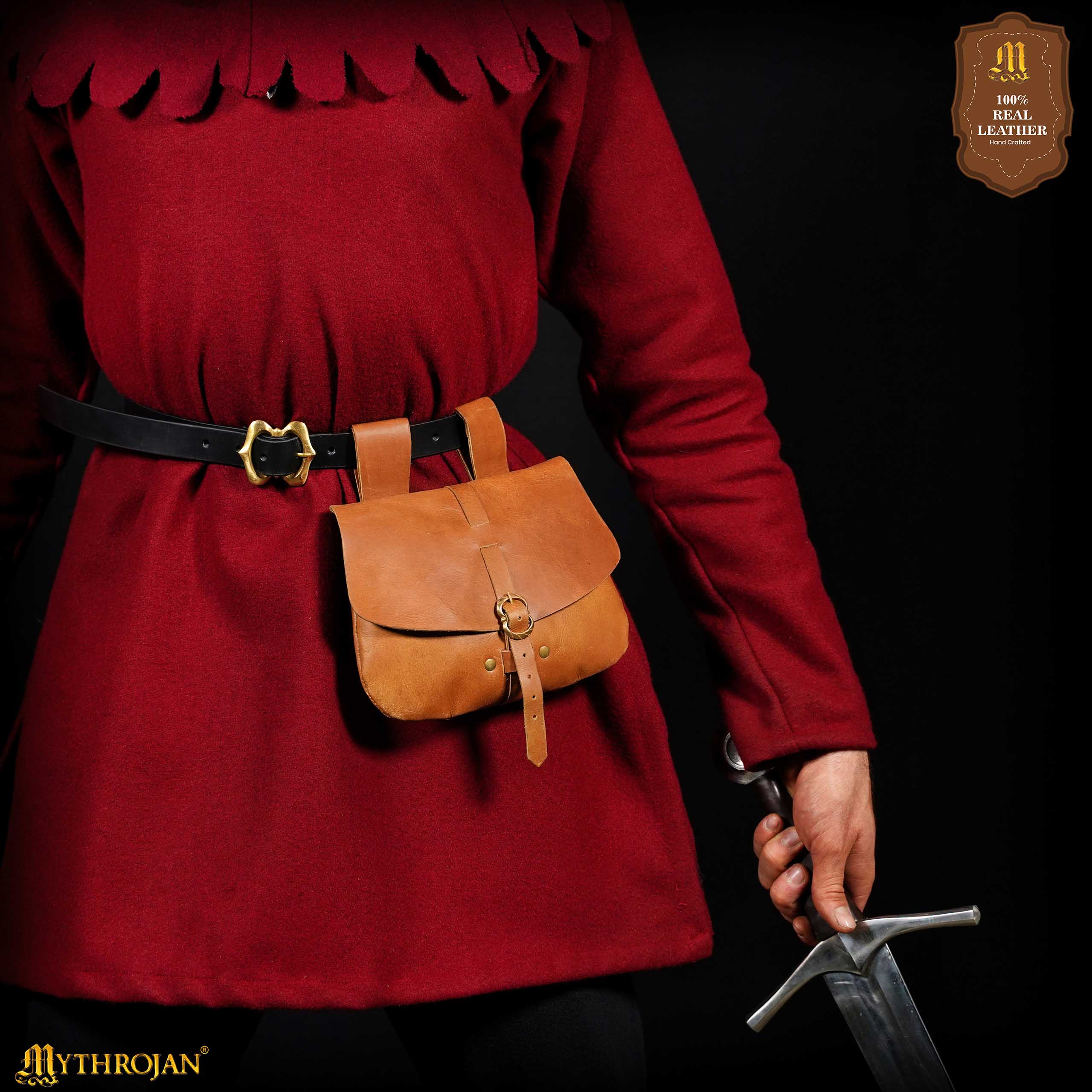Mythrojan Medieval Leather Bag, Ideal for SCA LARP Reenactment & Ren fair , Full Grain Leather, Brown 6.2 ”× 7 ”