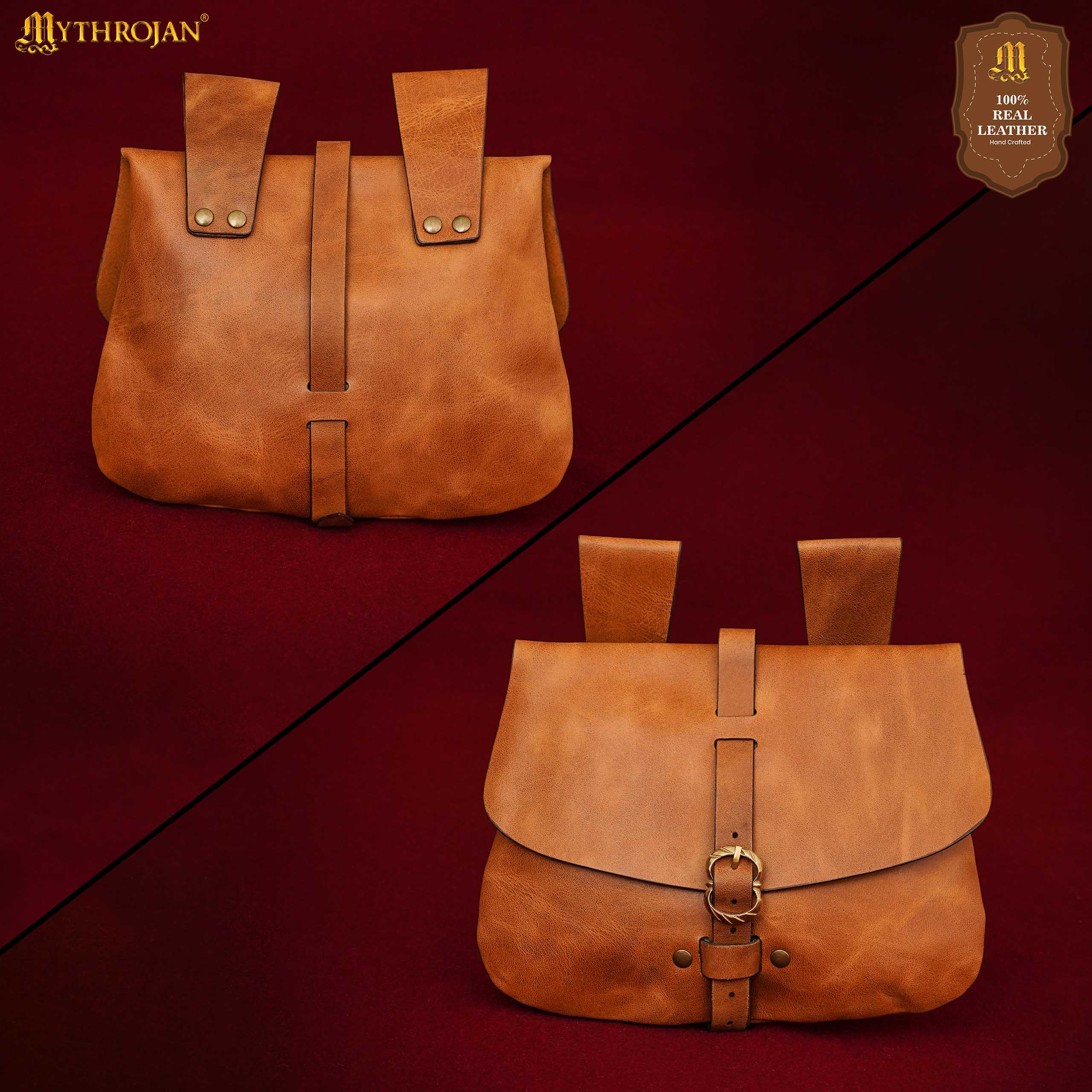 Mythrojan Medieval Leather Bag, Ideal for SCA LARP Reenactment & Ren fair , Full Grain Leather, Brown 6.2 ”× 7 ”