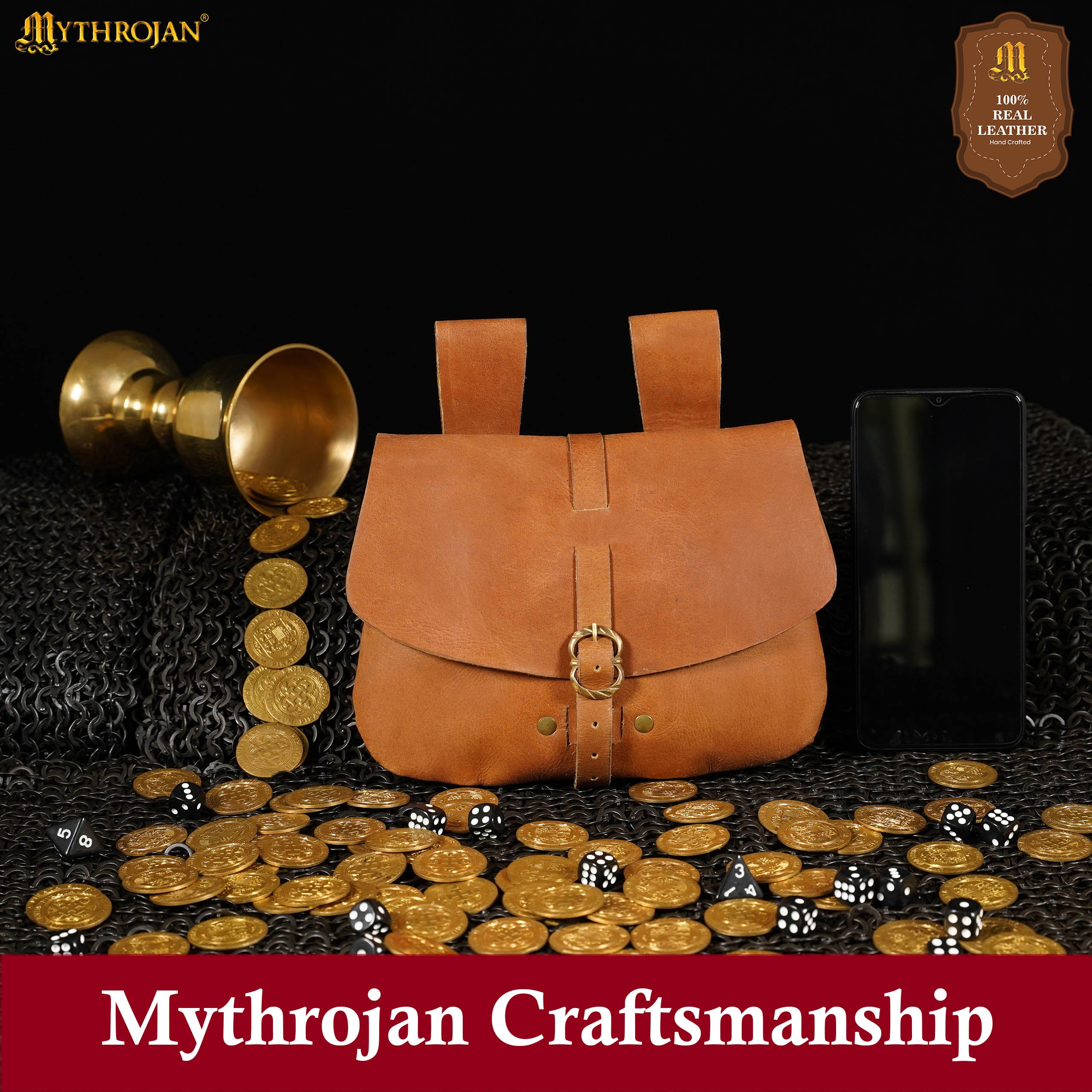 Mythrojan Medieval Leather Bag, Ideal for SCA LARP Reenactment & Ren fair , Full Grain Leather, Brown 6.2 ”× 7 ”