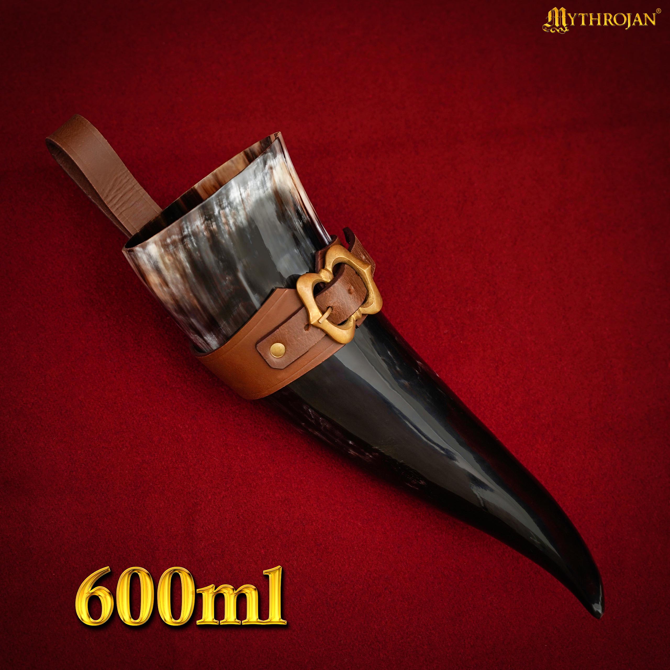 Mythrojan THE LOYAL SOLDIER - Viking Drinking Horn with Leather Holder Authentic Medieval Inspired Viking Wine/Mead Mug - Polished Finish - 600 ML / Brown