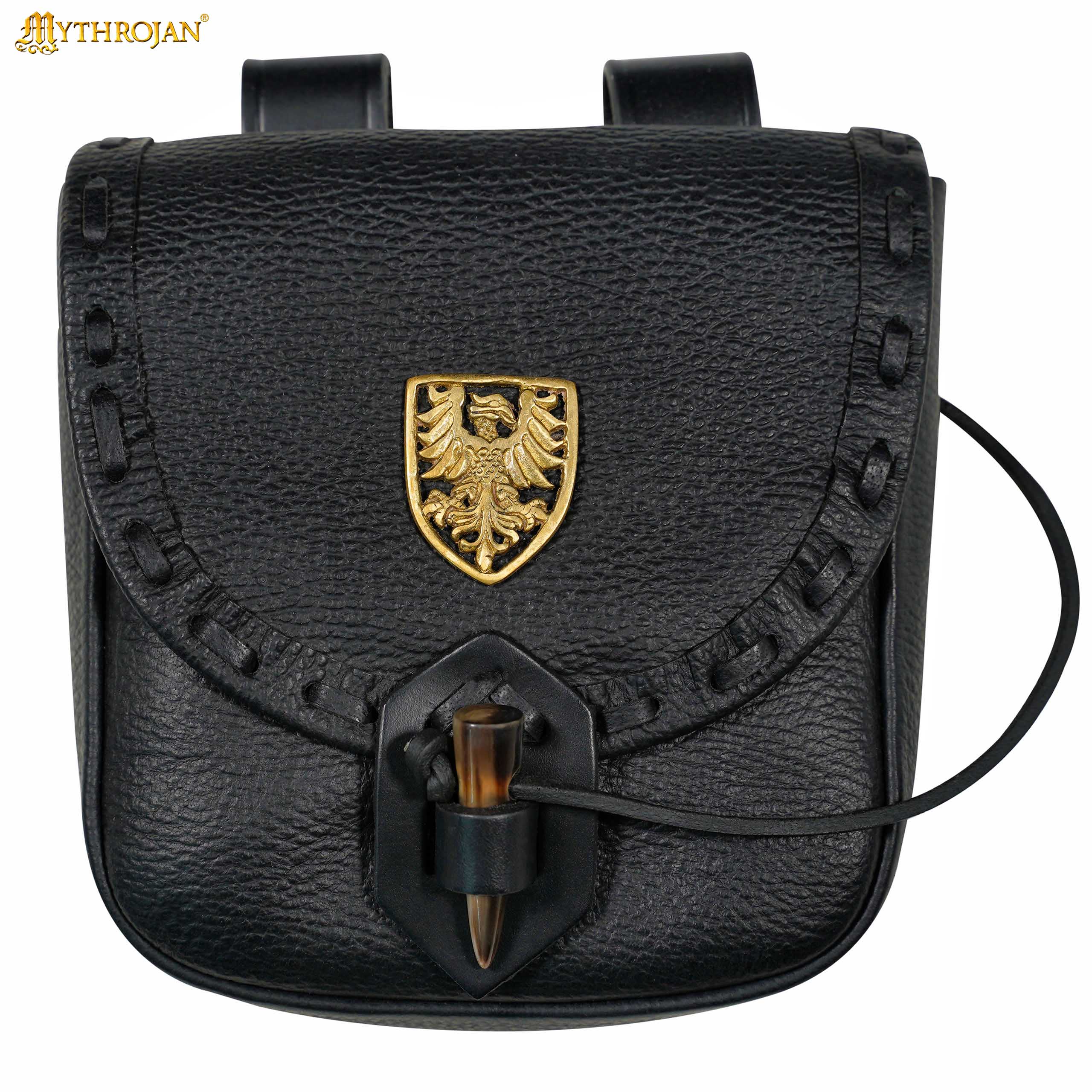 Mythrojan “The Adventurer’s” Belt Bag with Solid Brass Eagle Decoration , Ideal for SCA LARP Reenactment & Ren fair, Full Grain Leather, Black , 8”x 7”