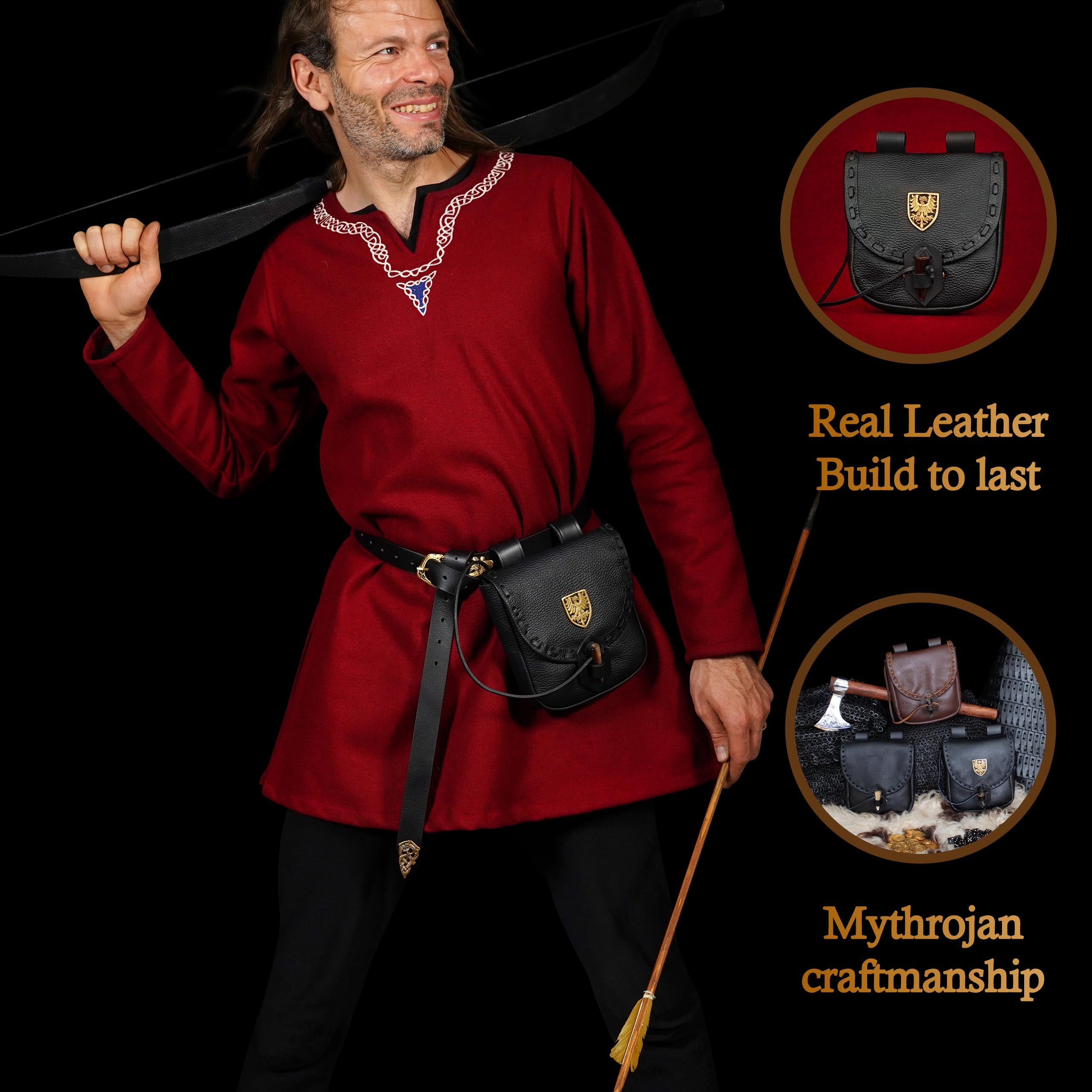 Mythrojan “The Adventurer’s” Belt Bag with Solid Brass Eagle Decoration , Ideal for SCA LARP Reenactment & Ren fair, Full Grain Leather, Black , 8”x 7”