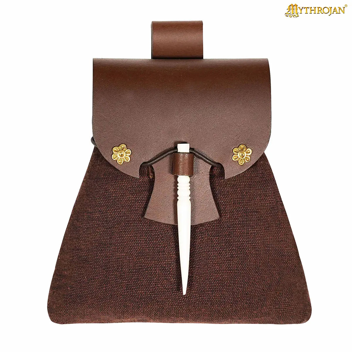 Mythrojan “Gold and Dice” Medieval Fantasy Belt Bag with Bone Needle Closure, Ideal for SCA LARP reenactment & Ren fair, Brown, 7”×7”