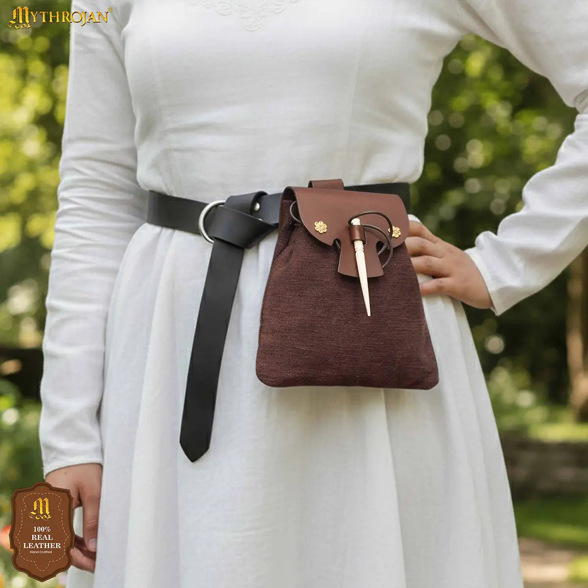 Mythrojan “Gold and Dice” Medieval Fantasy Belt Bag with Bone Needle Closure, Ideal for SCA LARP reenactment & Ren fair, Brown, 7”×7”