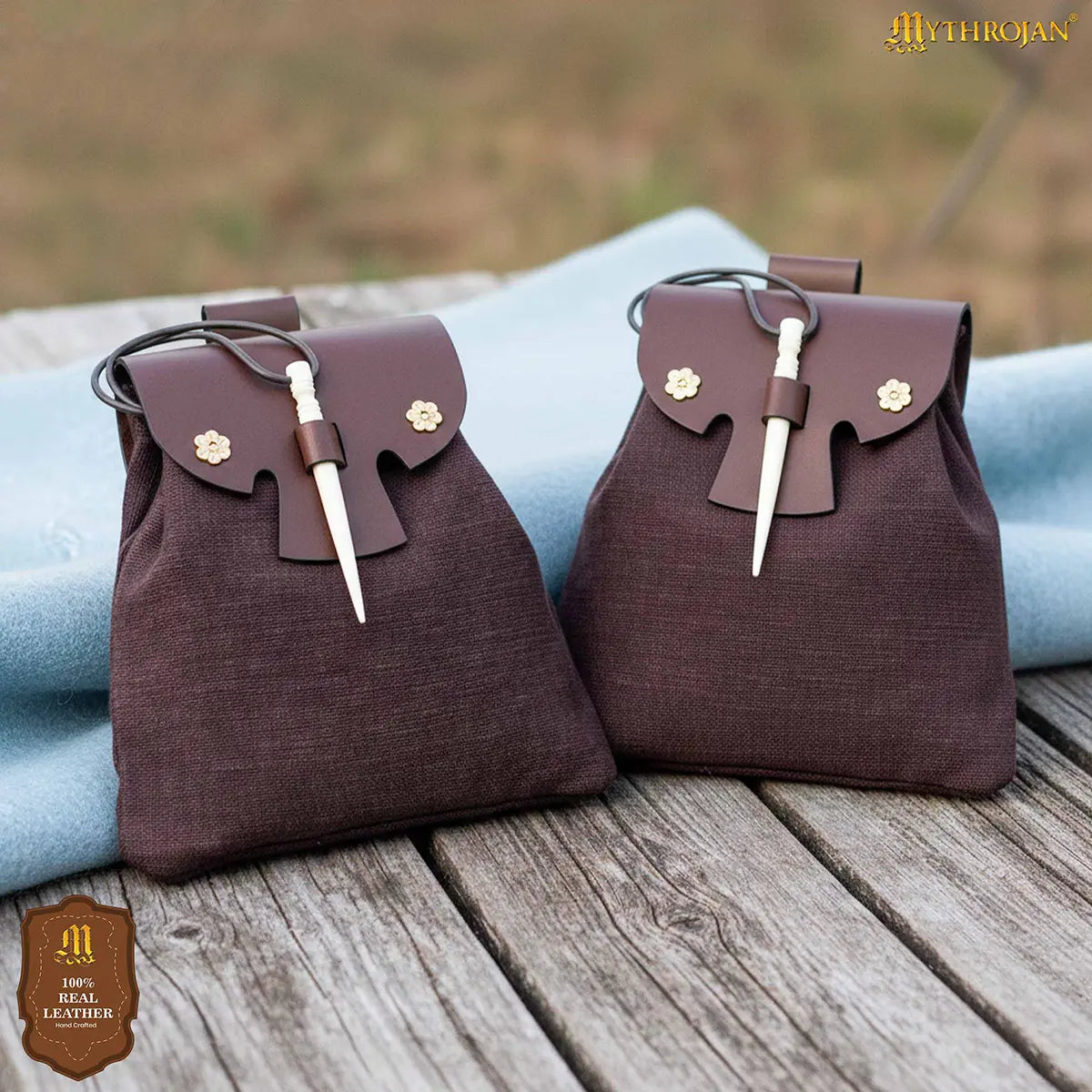 Mythrojan “Gold and Dice” Medieval Fantasy Belt Bag with Bone Needle Closure, Ideal for SCA LARP reenactment & Ren fair, Brown, 7”×7”