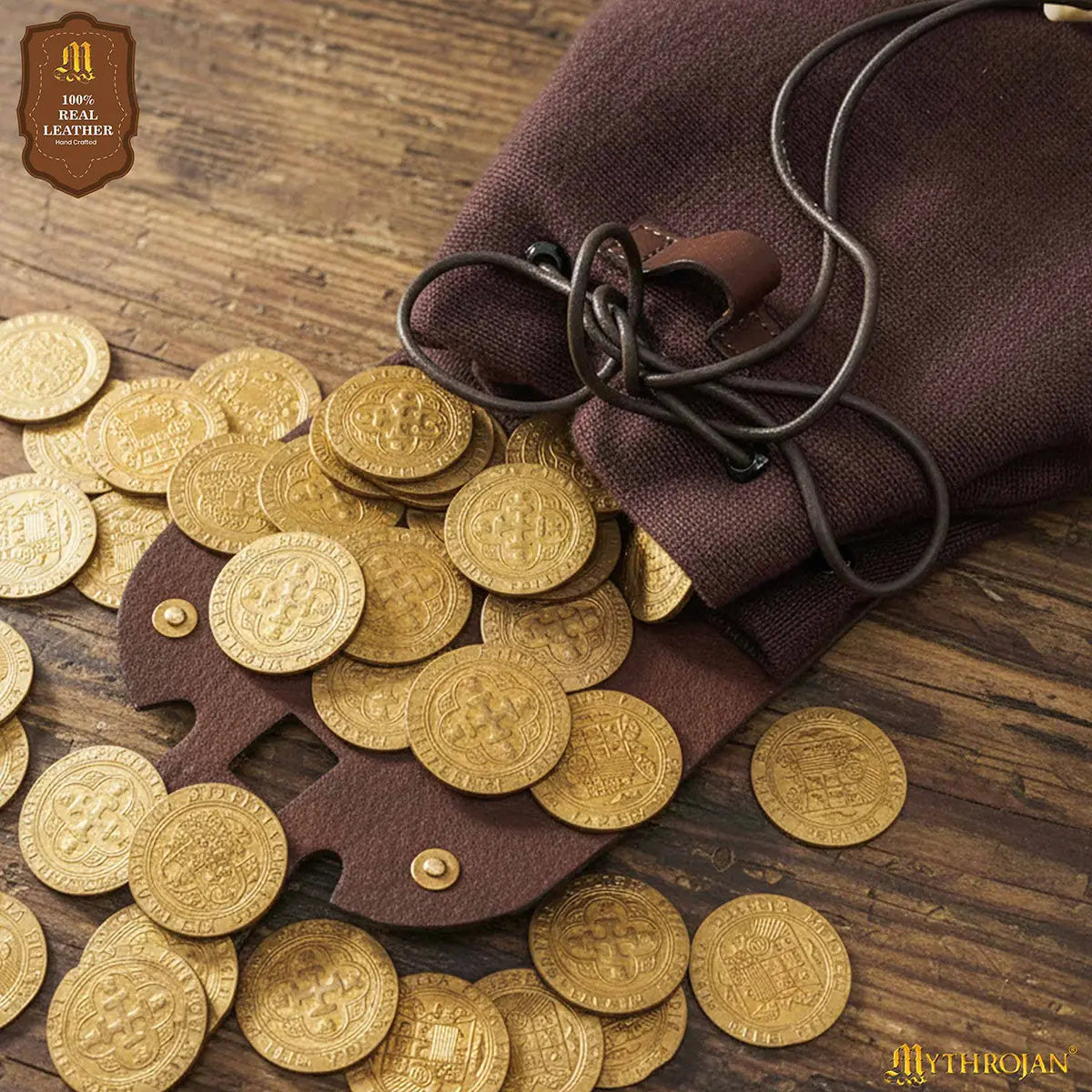 Mythrojan “Gold and Dice” Medieval Fantasy Belt Bag with Bone Needle Closure, Ideal for SCA LARP reenactment & Ren fair, Brown, 7”×7”