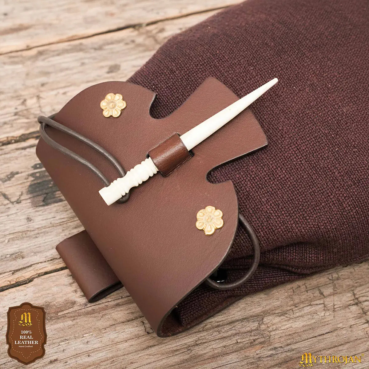 Mythrojan “Gold and Dice” Medieval Fantasy Belt Bag with Bone Needle Closure, Ideal for SCA LARP reenactment & Ren fair, Brown, 7”×7”