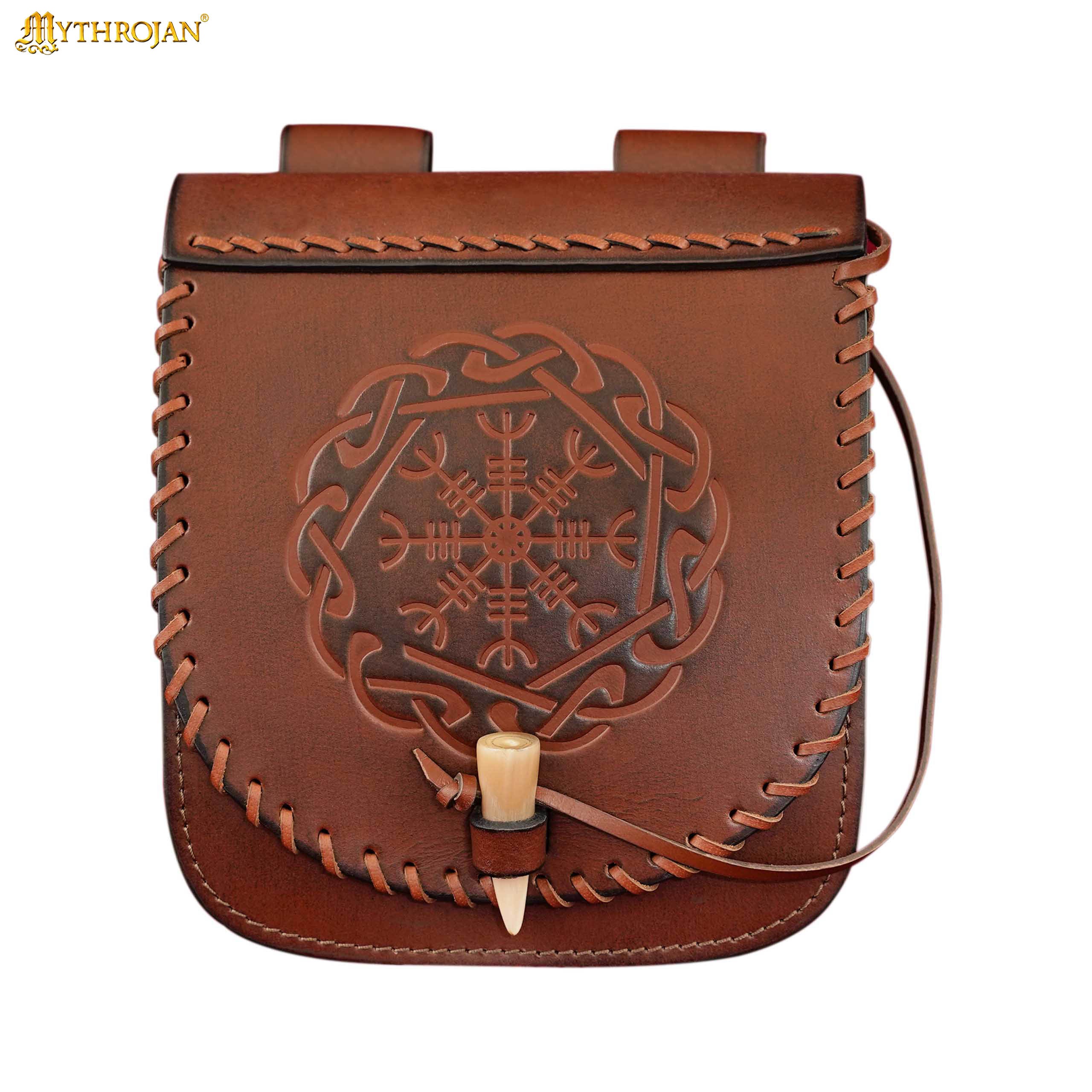 Mythrojan “Warrior of the North” Belt Bag with Helm of Awe Embossing, Ideal for SCA LARP Reenactment & Ren fair, Full Grain Leather, Brown, 18.5 X 17cm