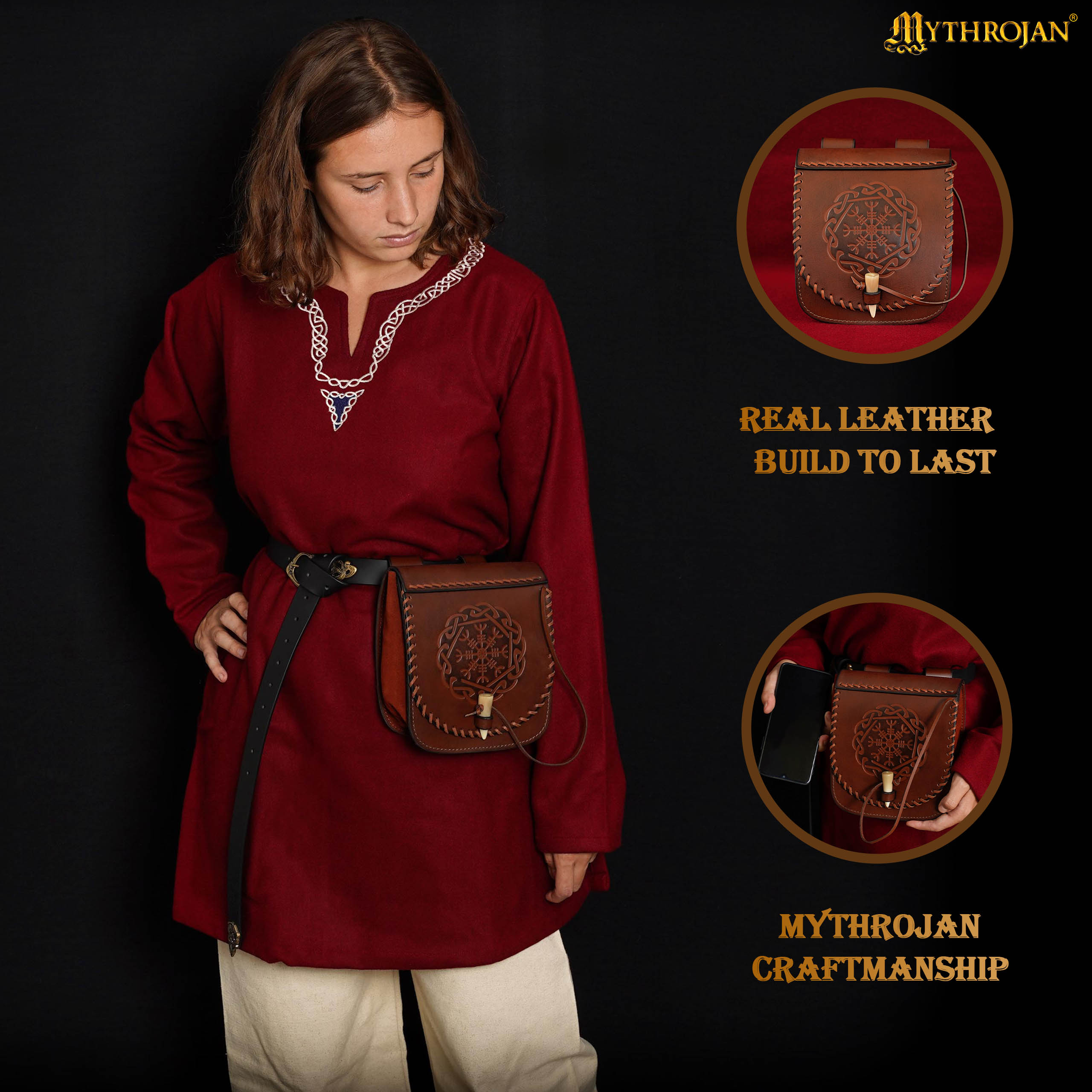 Mythrojan “Warrior of the North” Belt Bag with Helm of Awe Embossing, Ideal for SCA LARP Reenactment & Ren fair, Full Grain Leather, Brown, 18.5 X 17cm