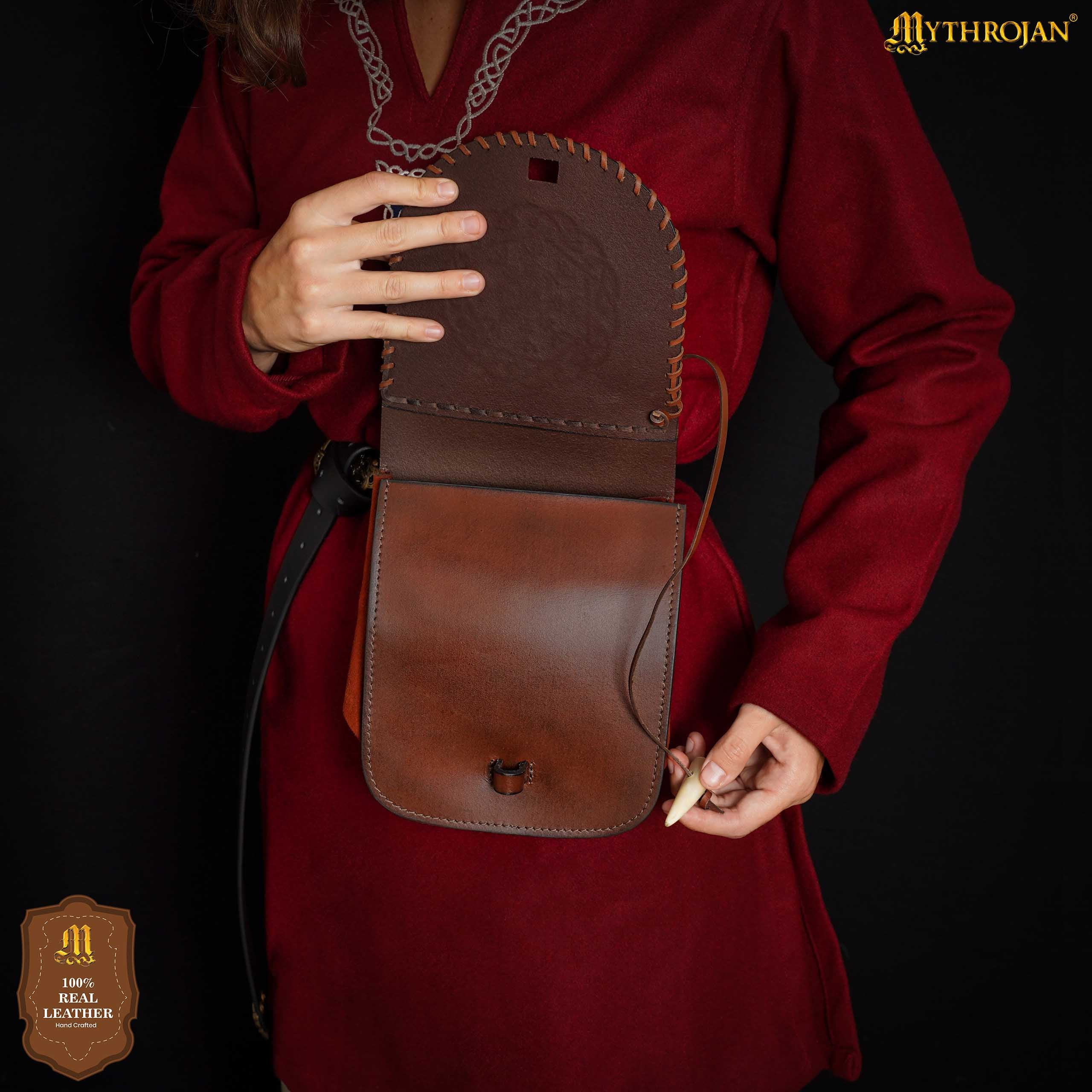 Mythrojan “Warrior of the North” Belt Bag with Helm of Awe Embossing, Ideal for SCA LARP Reenactment & Ren fair, Full Grain Leather, Brown, 18.5 X 17cm
