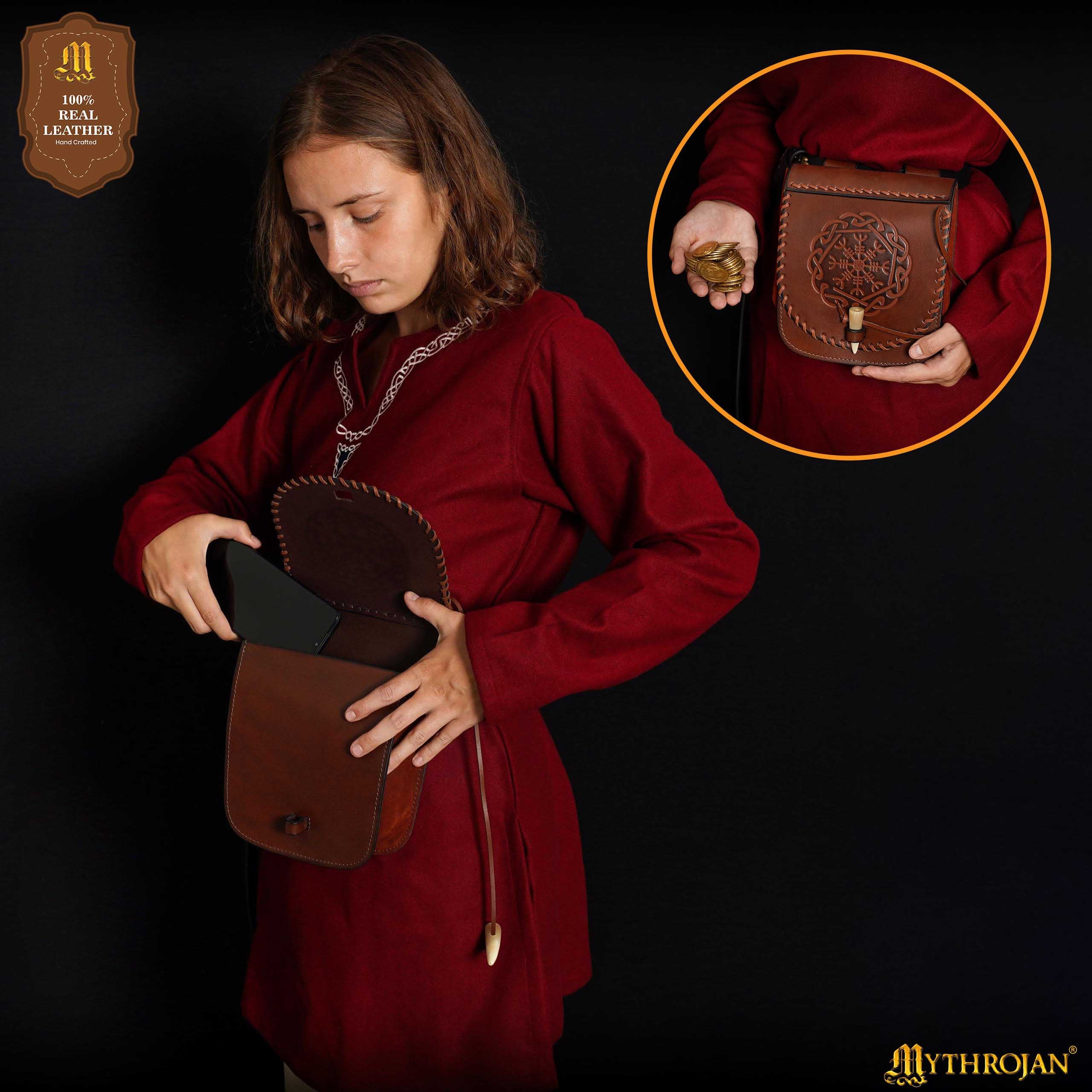 Mythrojan “Warrior of the North” Belt Bag with Helm of Awe Embossing, Ideal for SCA LARP Reenactment & Ren fair, Full Grain Leather, Brown, 18.5 X 17cm