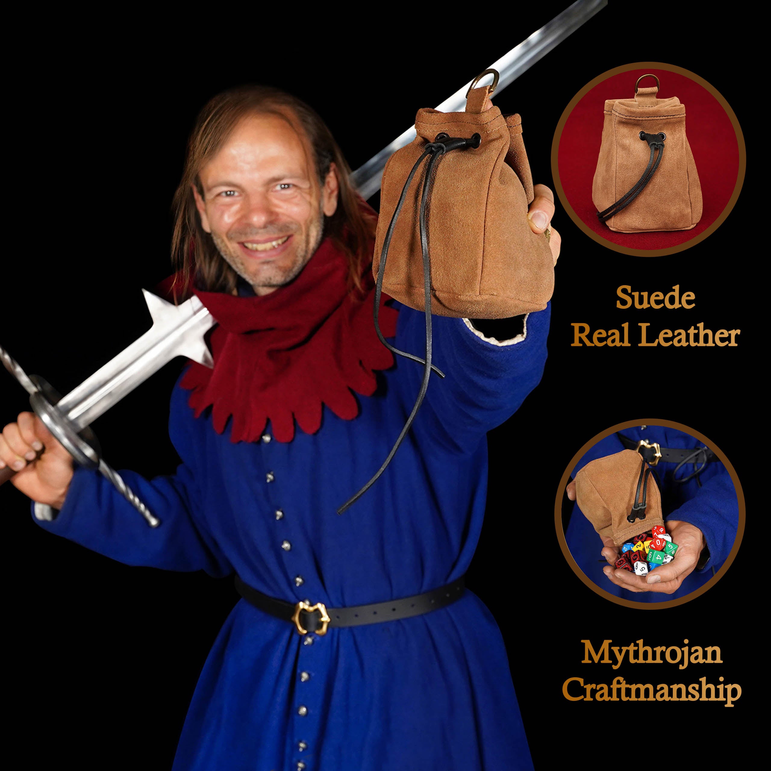 Mythrojan Medieval Drawstring Belt Bag, ideal for SCA LARP reenactment & Ren fair, Suede Leather, Brown, 6.5”×4.5”