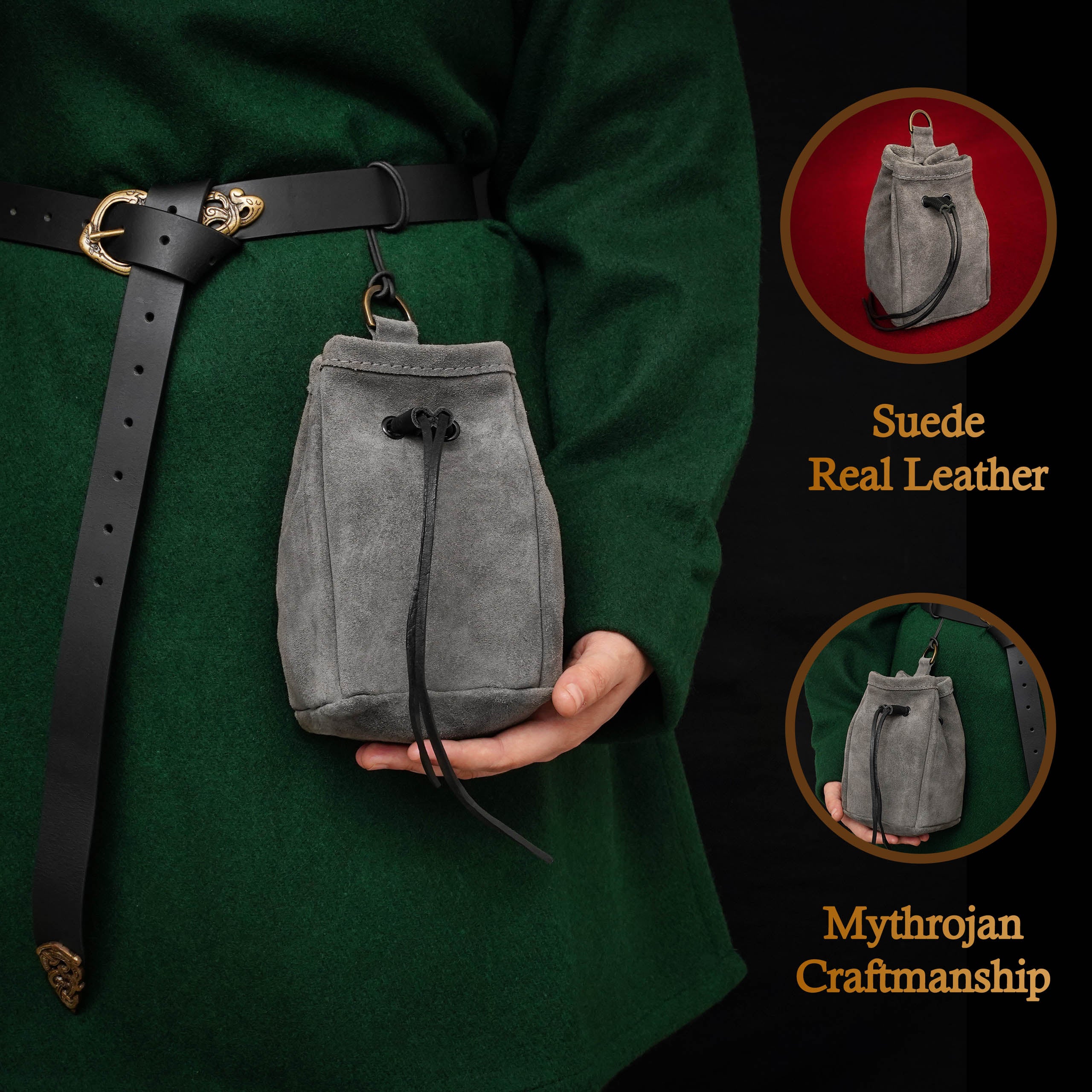 Mythrojan Medieval Drawstring Belt Bag, ideal for SCA LARP reenactment & Ren fair, Suede Leather, Grey, 5”×4”