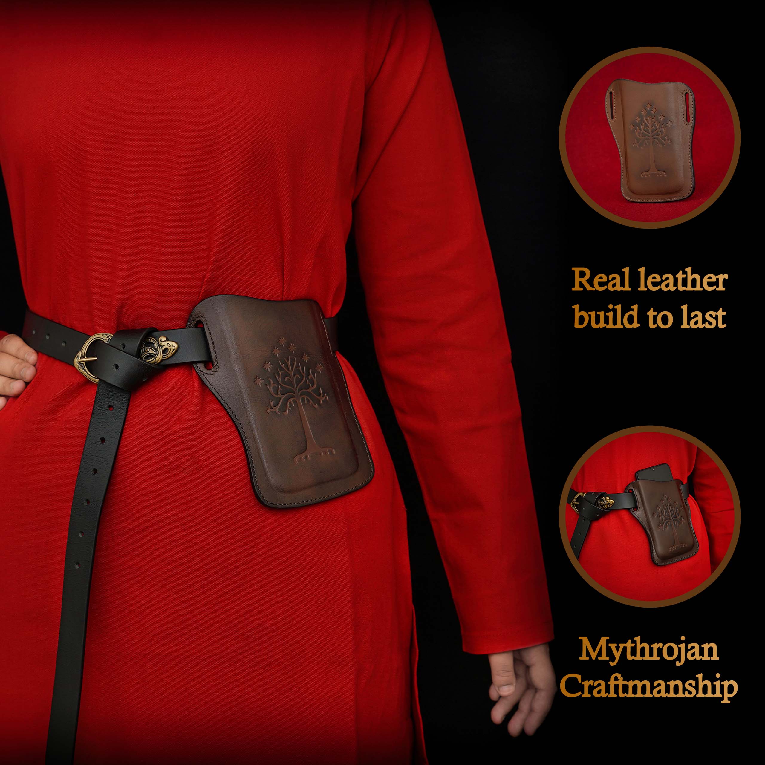 Mythrojan The Tree of Gondor / Numenor Phone Case Genuine Leather Belt Pouch for Mobile Phones, Full Grain Leather, Brown