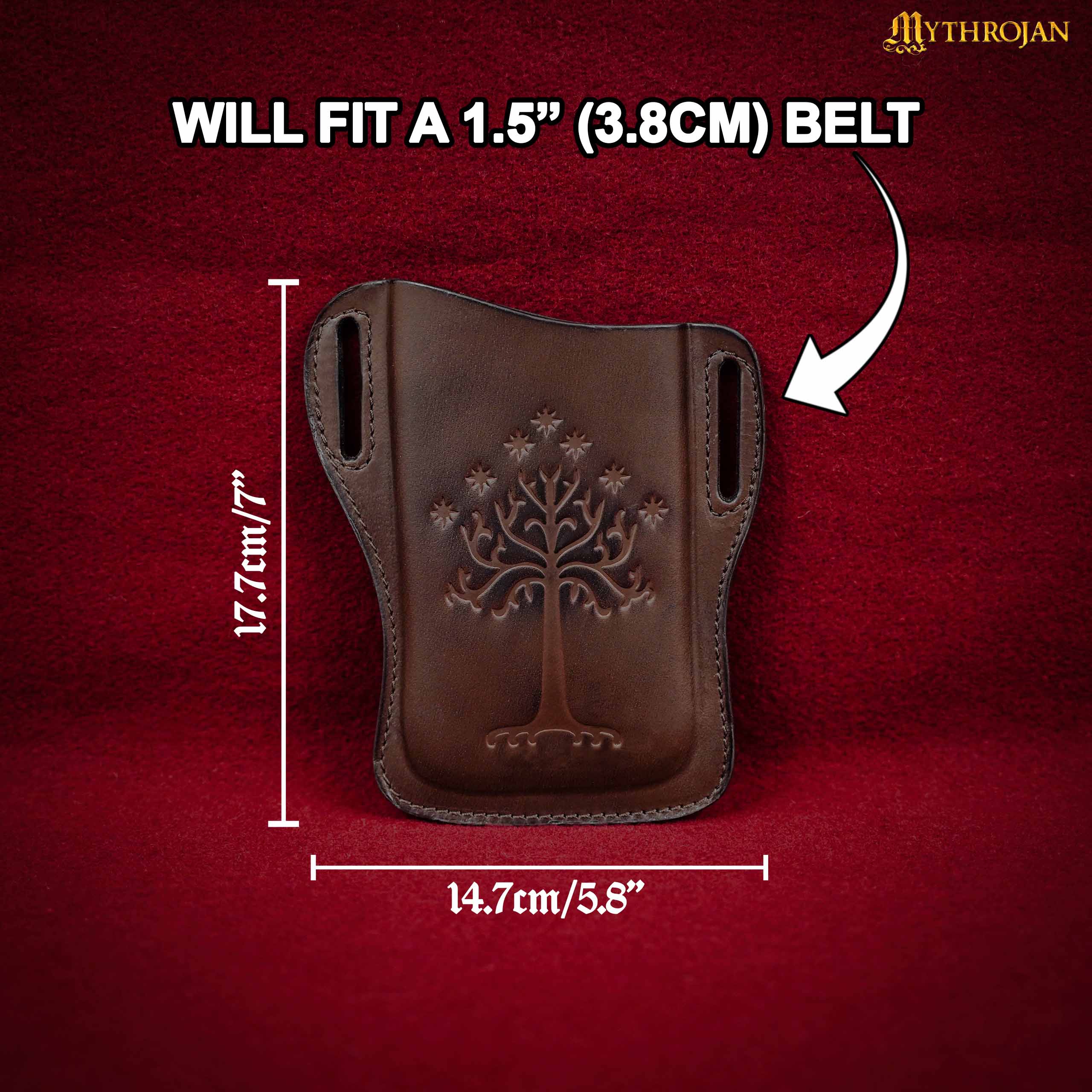 Mythrojan The Tree of Gondor / Numenor Phone Case Genuine Leather Belt Pouch for Mobile Phones, Full Grain Leather, Brown