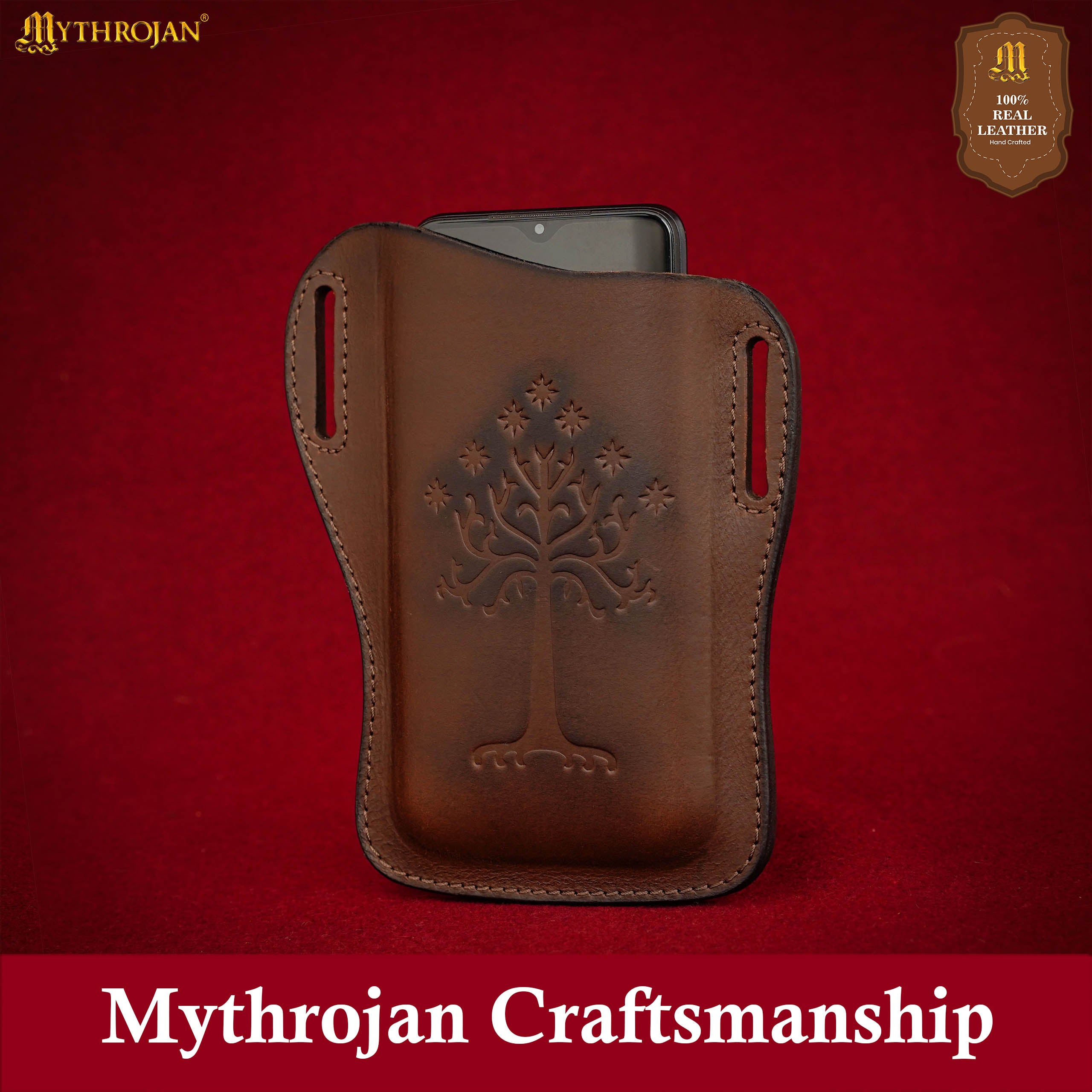 Mythrojan The Tree of Gondor / Numenor Phone Case Genuine Leather Belt Pouch for Mobile Phones, Full Grain Leather, Brown