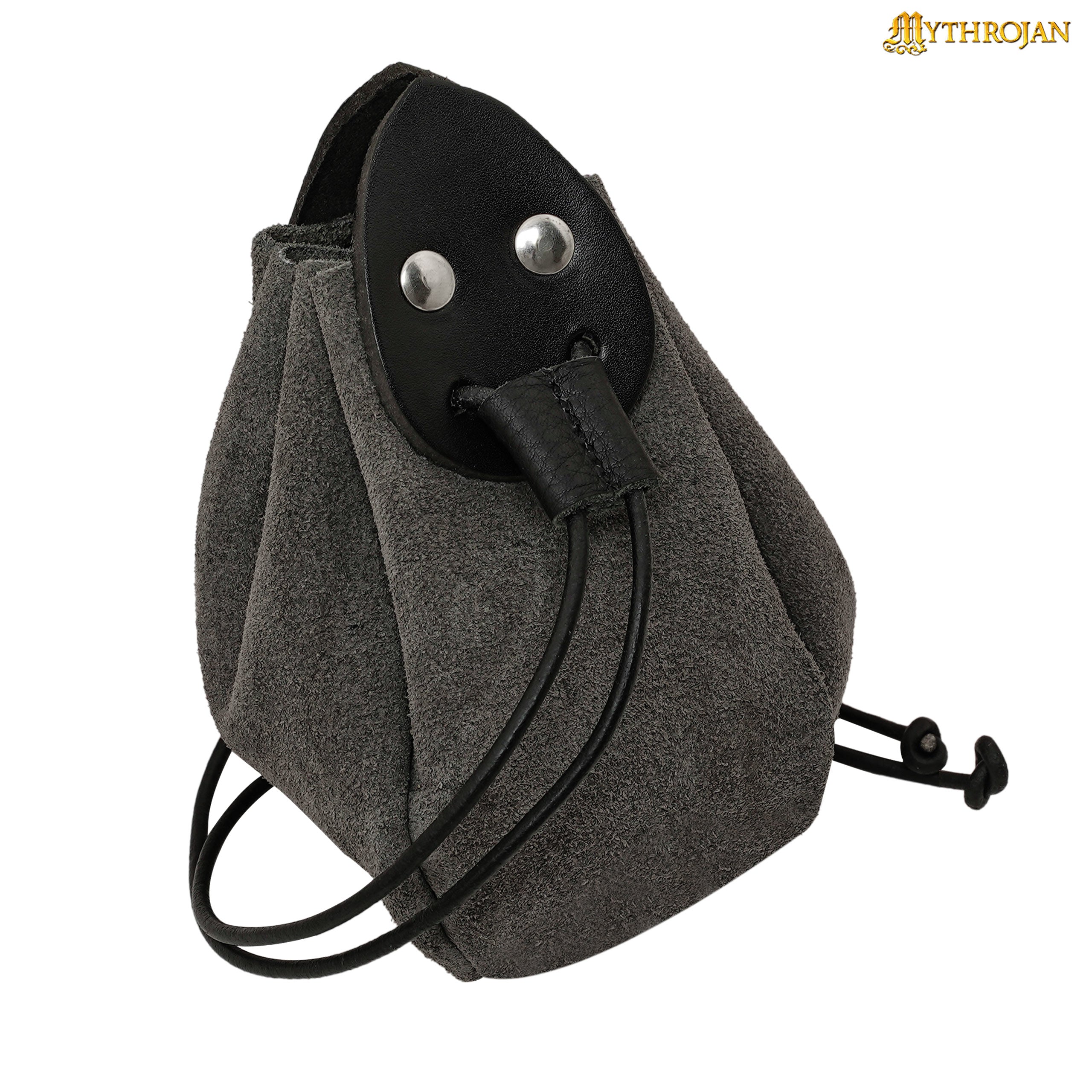 Mythrojan “Gold and Dice” Drawstring Pouch, ideal for SCA LARP reenactment & Ren fair-Suede Leather Pouch, Grey, 4”