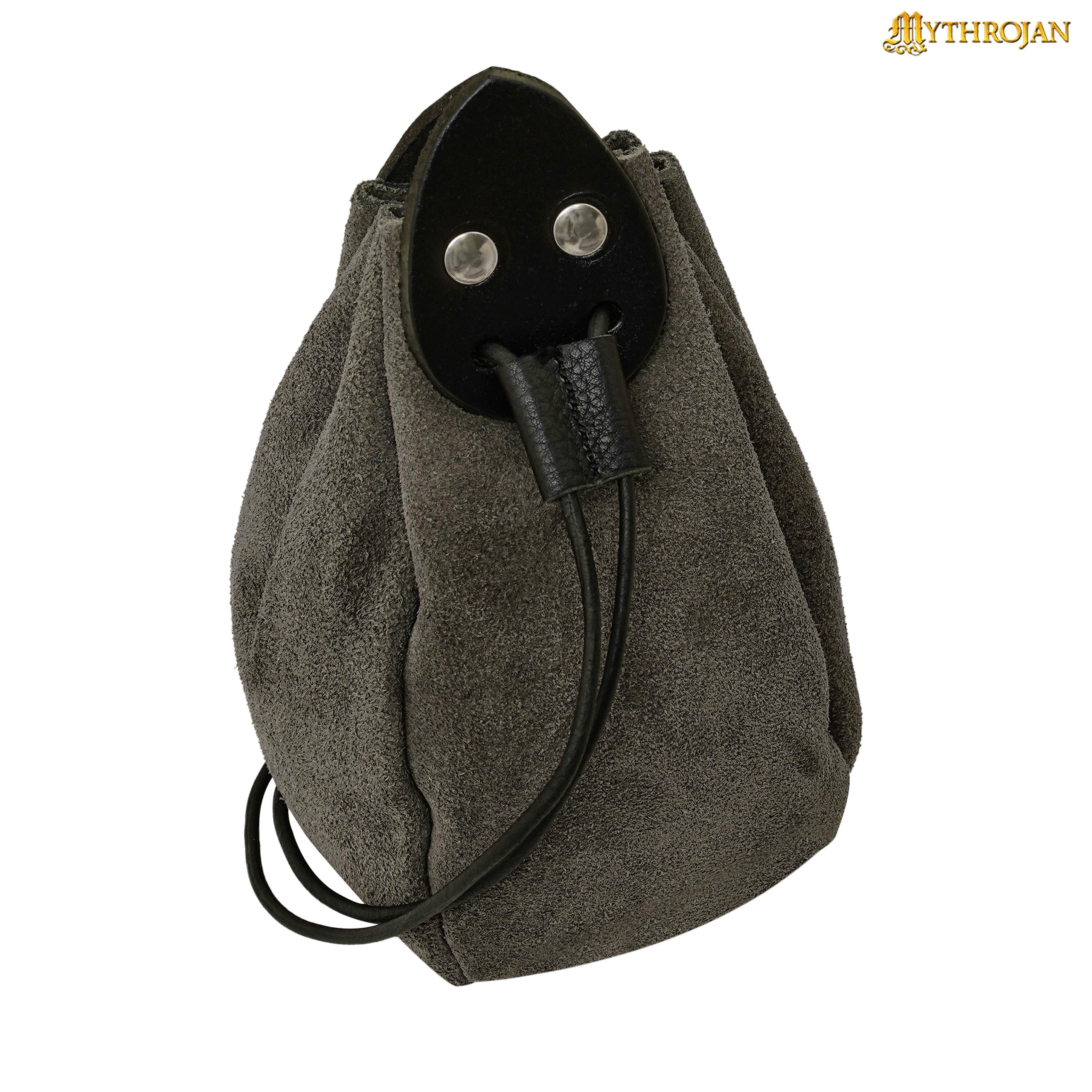 Mythrojan “Gold and Dice” Drawstring Pouch, ideal for SCA LARP reenactment & Ren fair-Suede Leather Pouch, Grey, 6”