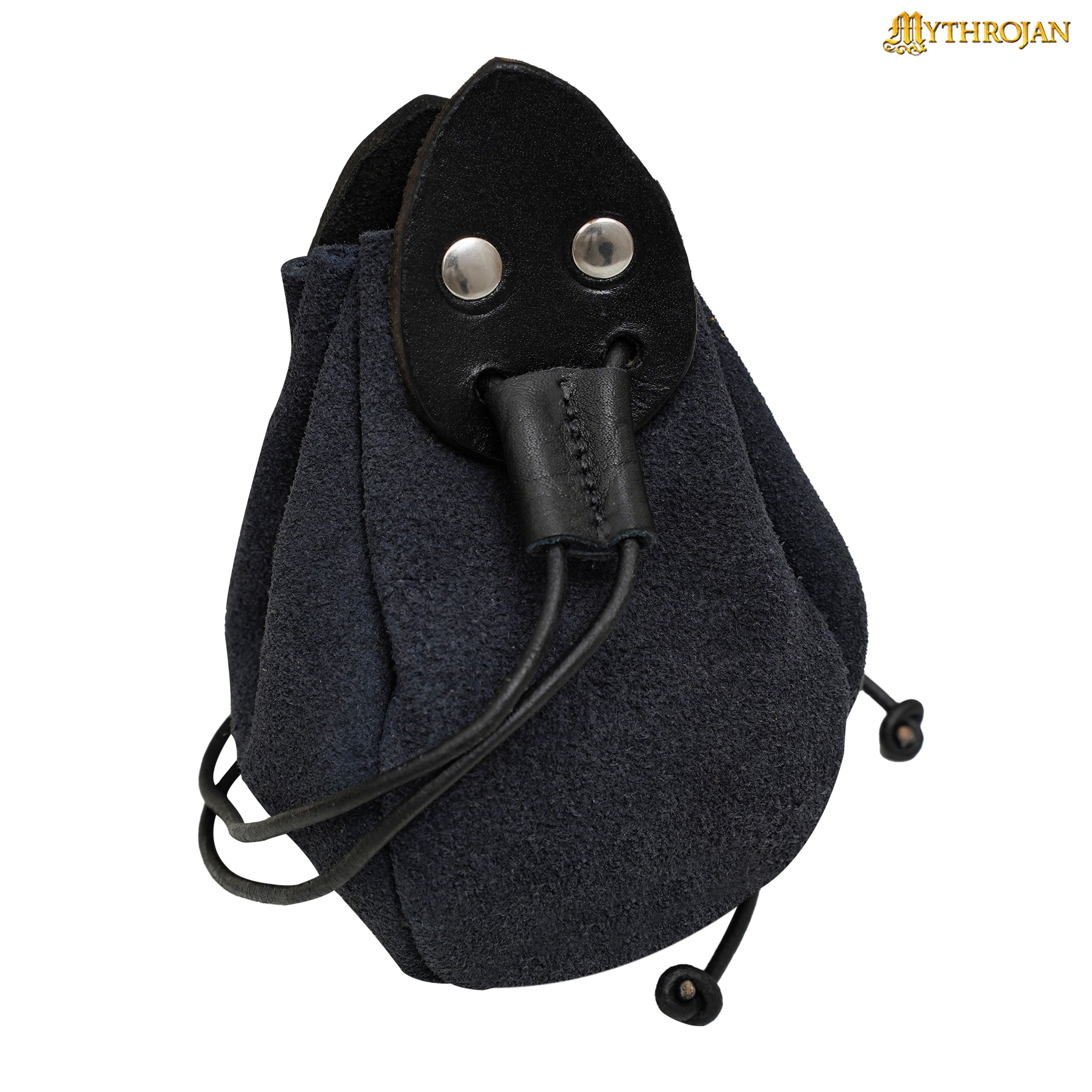 Mythrojan “Gold and Dice” Drawstring Pouch, ideal for SCA LARP reenactment & Ren fair-Suede Leather Pouch, Midnight navy blue, 4”