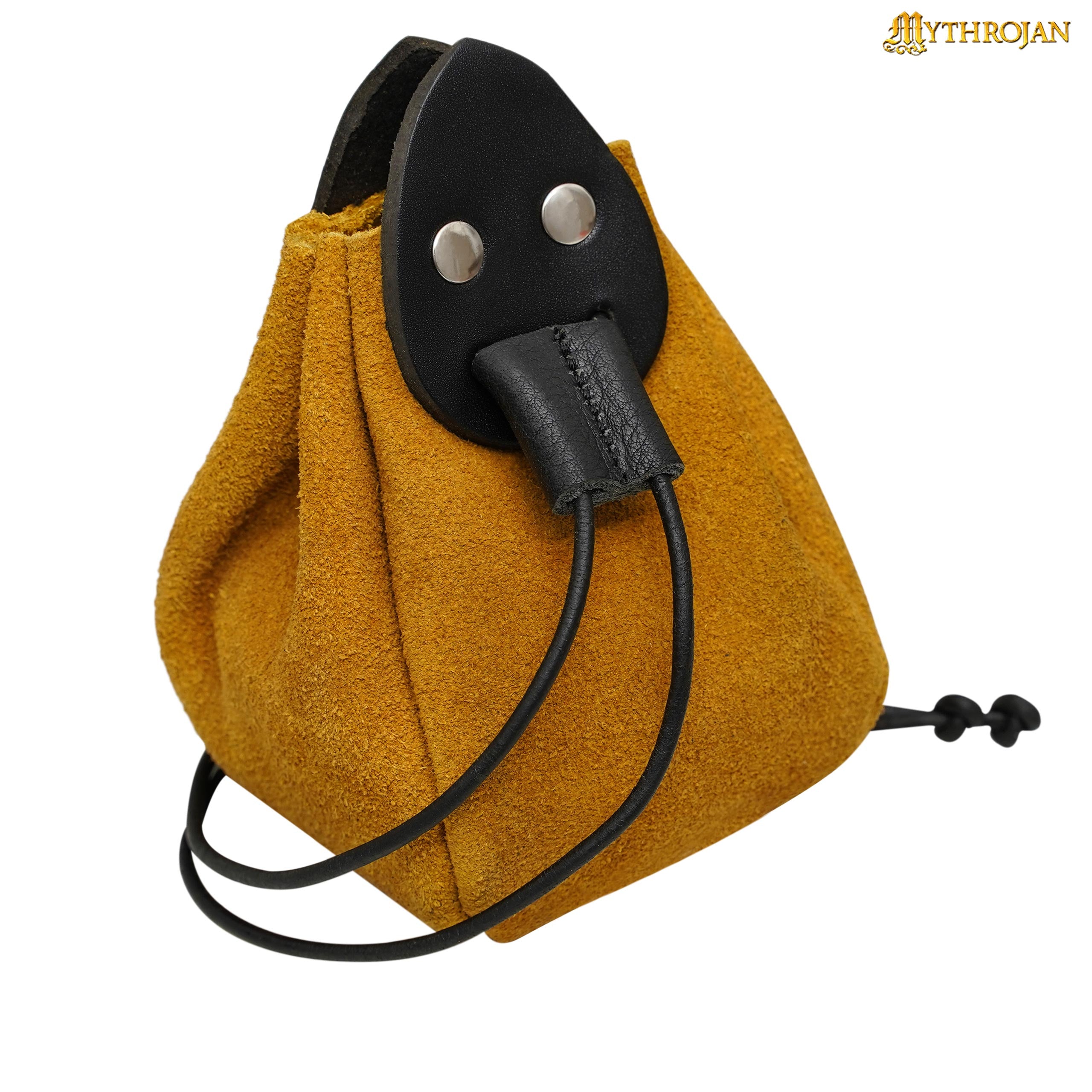 Mythrojan “Gold and Dice” Drawstring Pouch, ideal for SCA LARP reenactment & Ren fair-Suede Leather Pouch, Yellow, 4”
