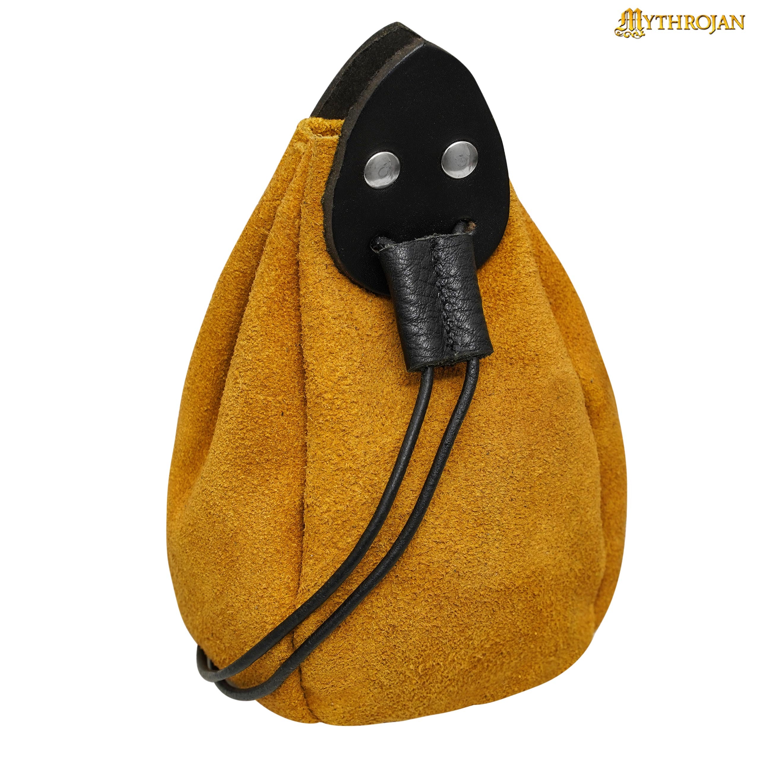 Mythrojan “Gold and Dice” Drawstring Pouch, ideal for SCA LARP reenactment & Ren fair-Suede Leather Pouch, Yellow, 6”
