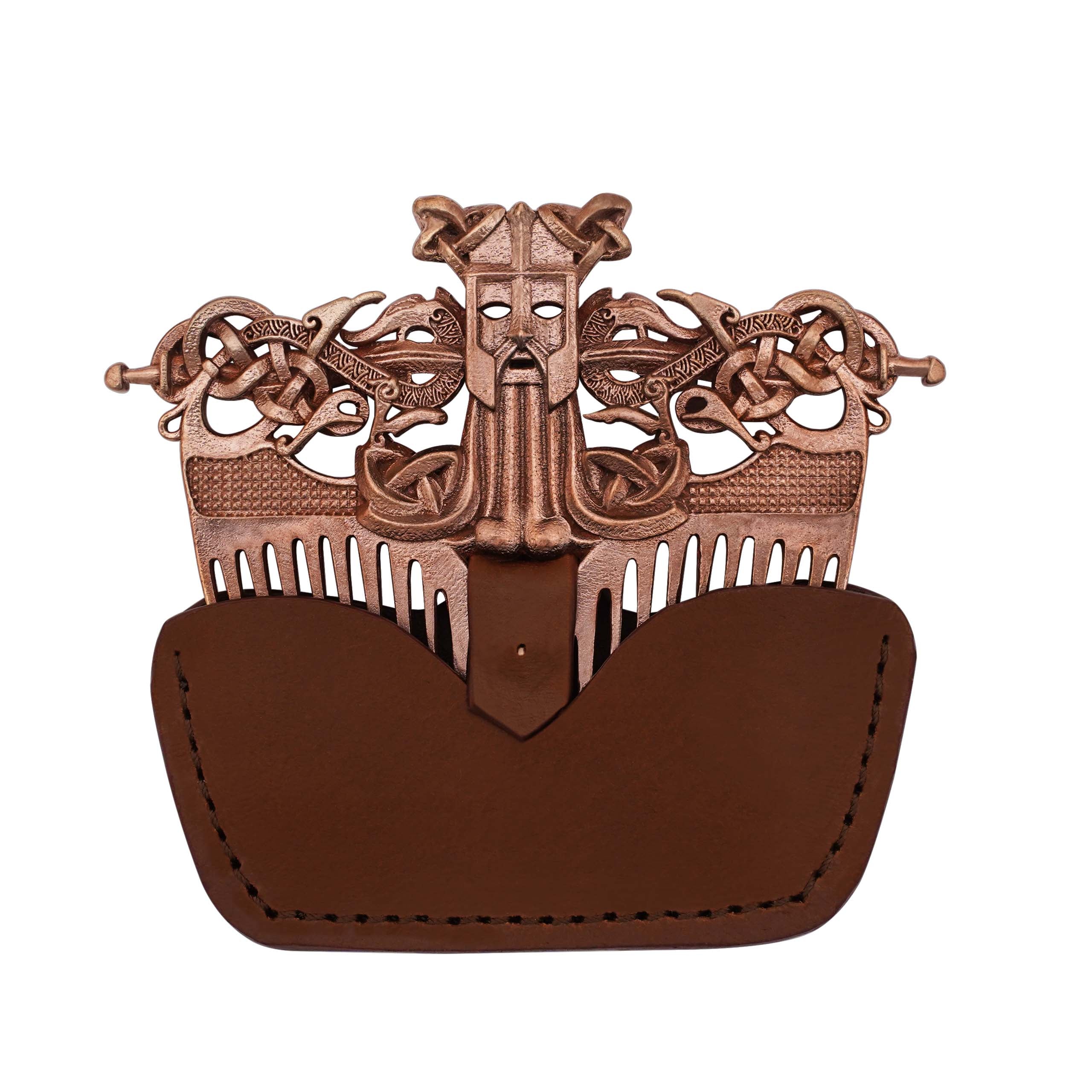 Mythrojan Solid Bronze Nordic Beard Comb with Genuine Leather Sheath
