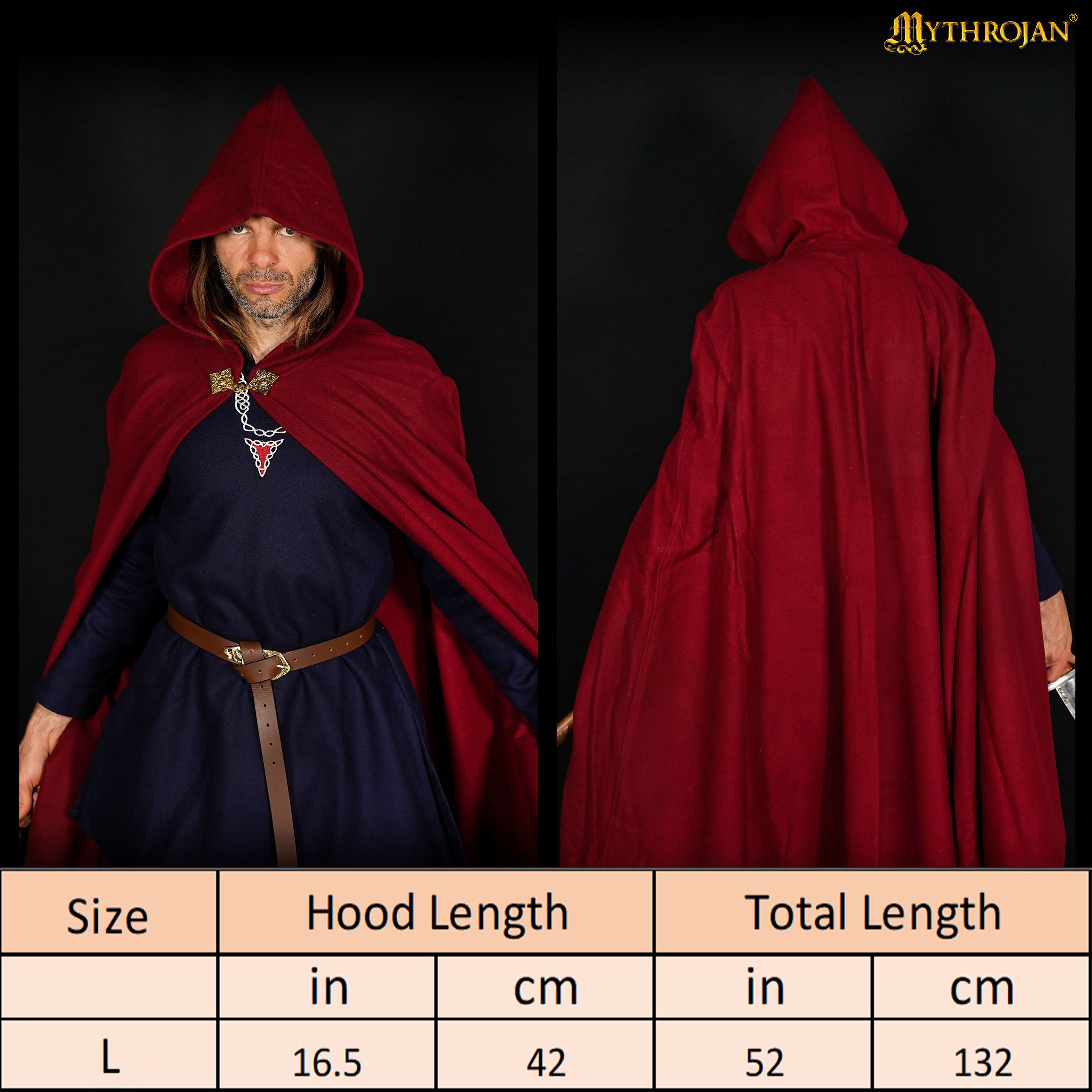 Mythrojan Woolen Hooded Cloak /Cape with delicate BRASS BROOCH Medieval Wool C ape for Ranger LARP SCA Cosplay, Maroon , Large