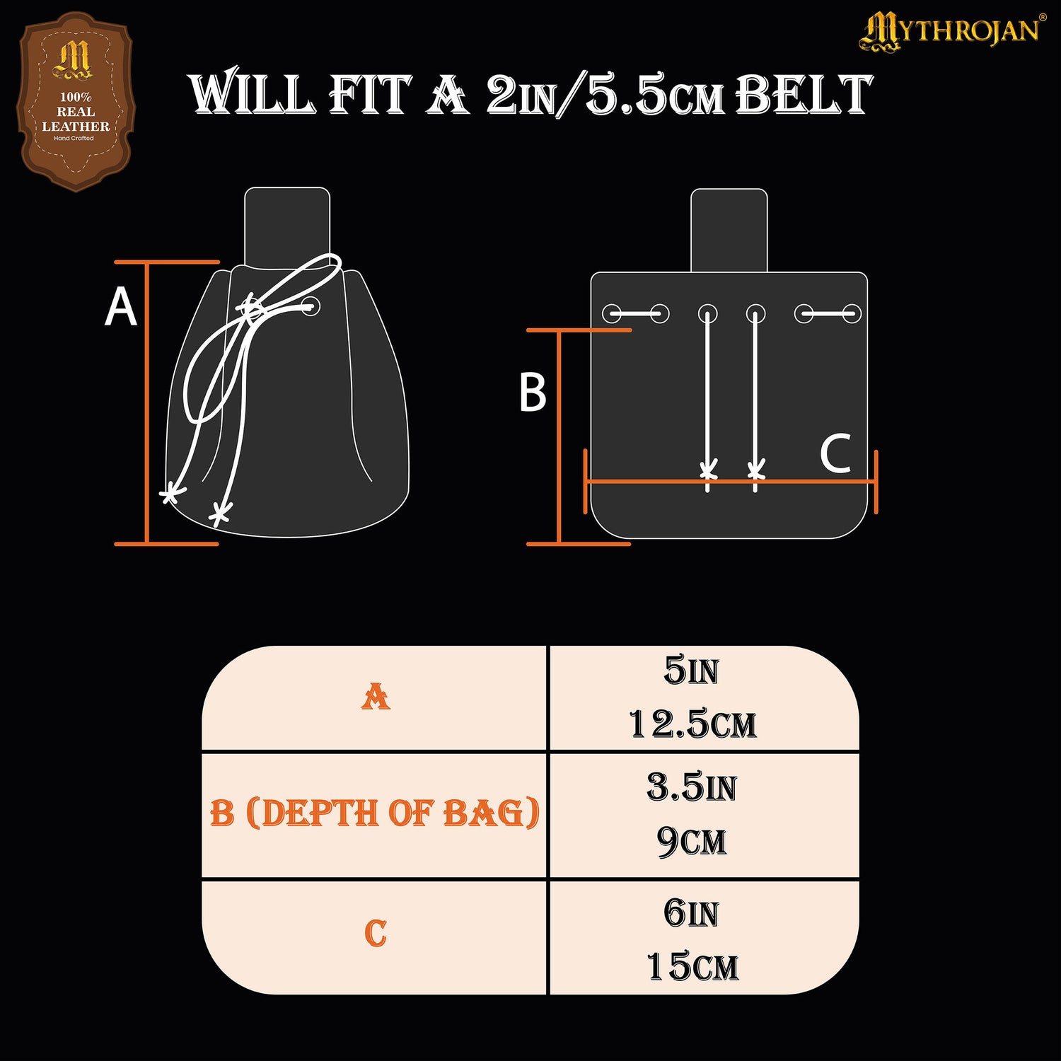 Mythrojan Medieval Drawstring Belt Bag, Ideal for SCA LARP Reenactment & Ren fair , Suede Leather , Black 6” ×5 ”