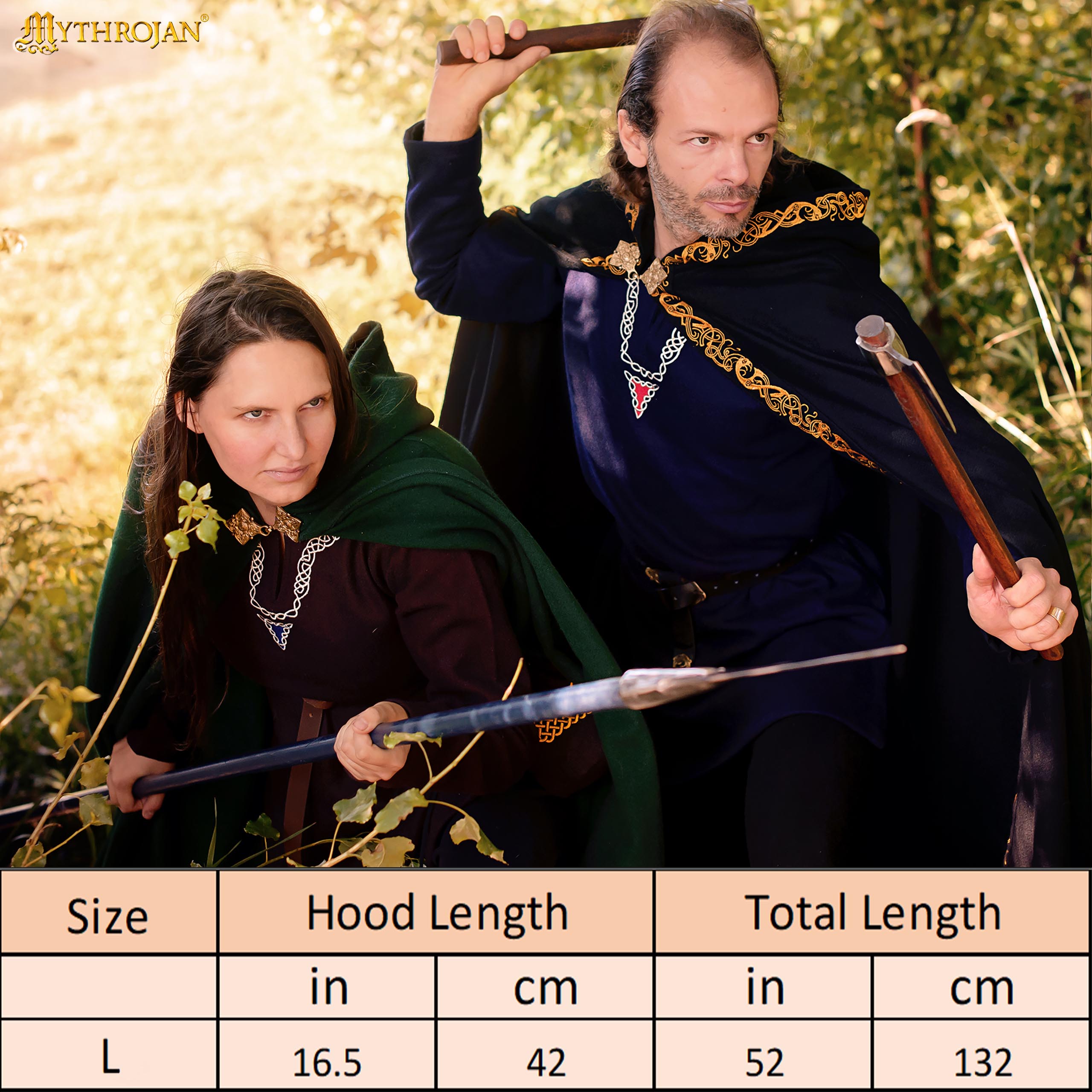 Mythrojan Woolen Hooded Cloak /Cape with BRASS BROOCH Medieval Wool Cape for Ranger LARP SCA Cosplay, Green , Large