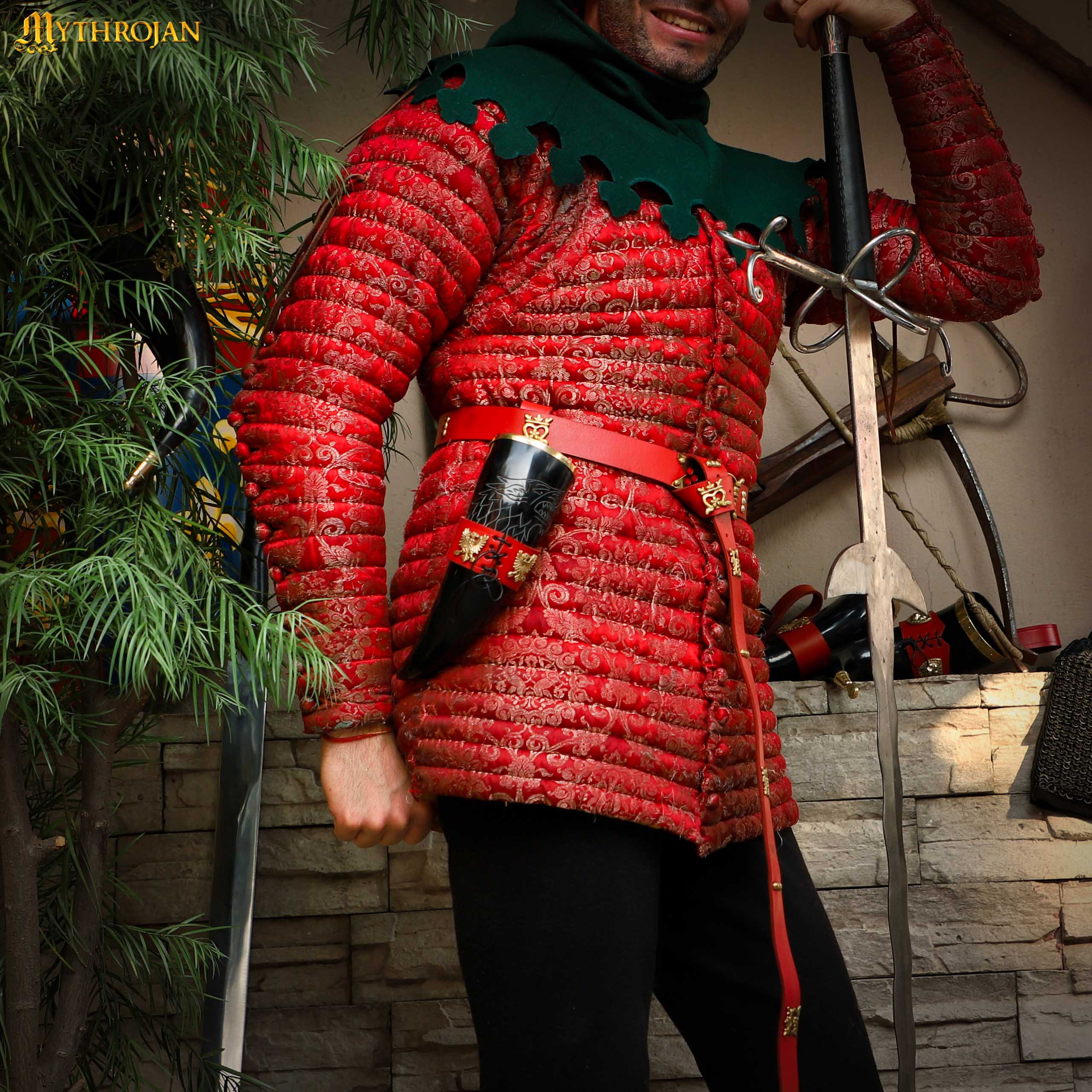 Mythrojan The King of The North - Viking Drinking Horn with Leather Holder - Polished Finish - 300 ML / with Red Leather Holder - 300ML