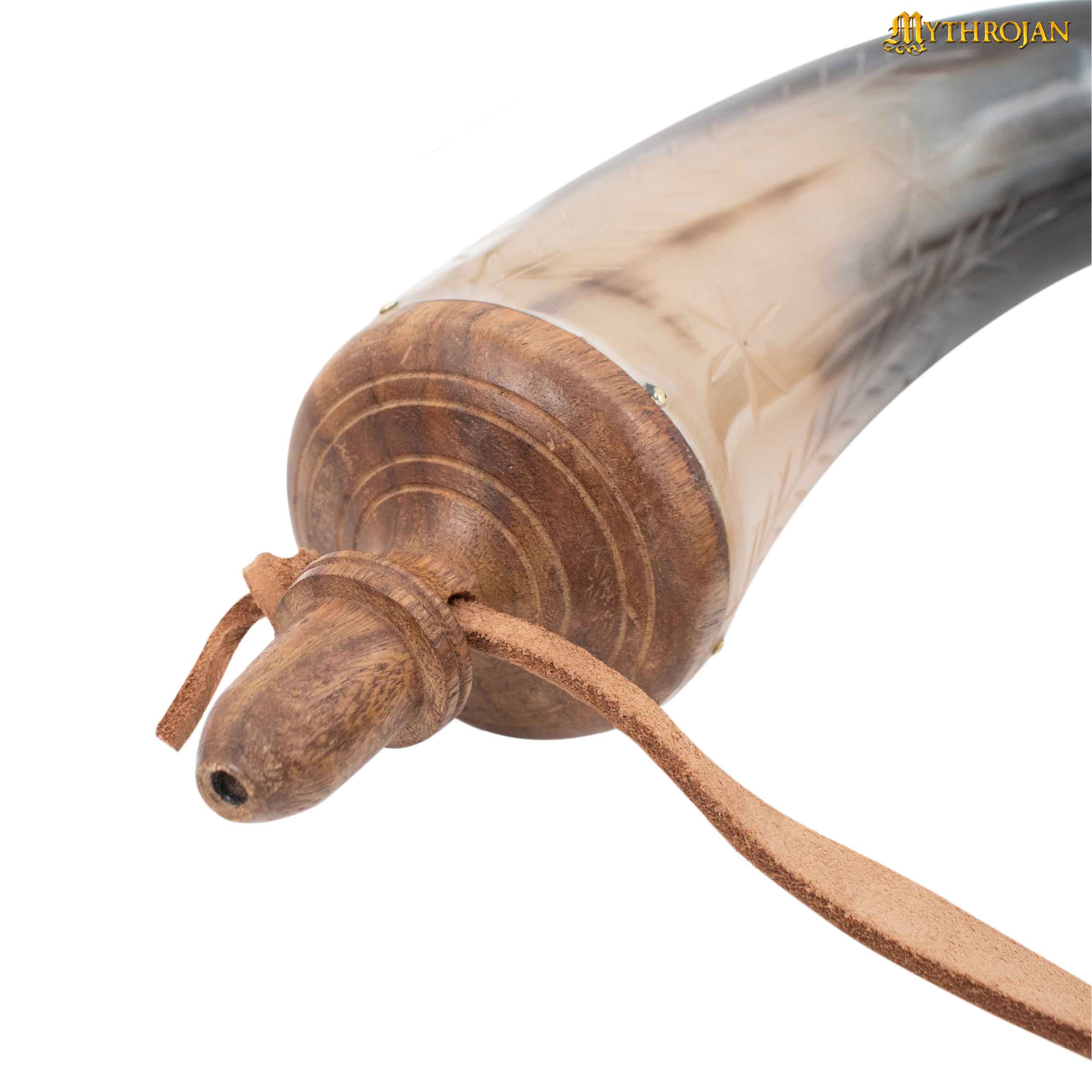 Mythrojan Hand Carved Powder 14" Horn with Leather Strap for Civil War Re-Enactment Black Powder - Mountain Man Reenactment - Natural