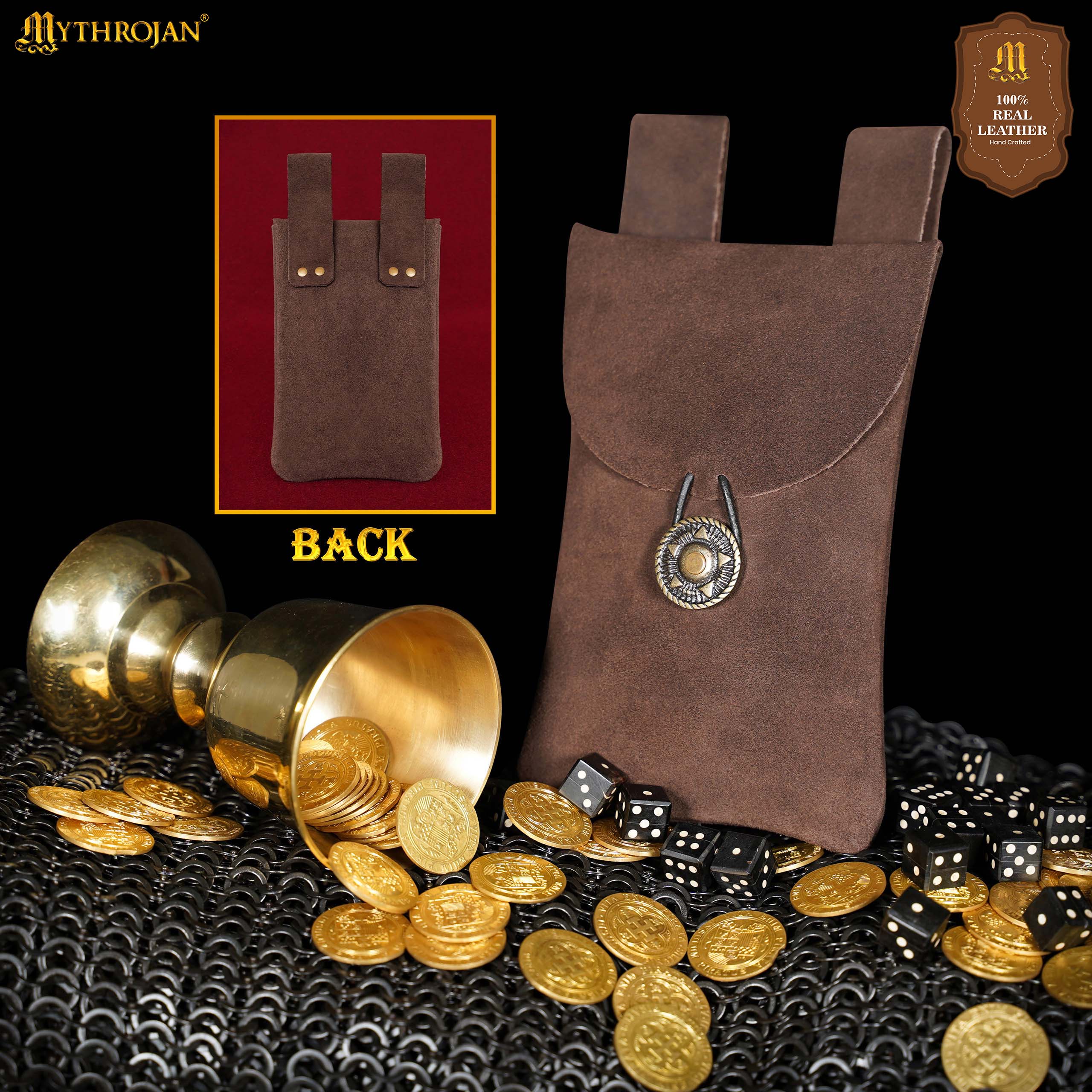 Mythrojan Suede Belt Bag, Ideal for SCA LARP Reenactment & Ren fair, Suede Leather, Chocolate Brown , 7.2 ”× 4.7 ”