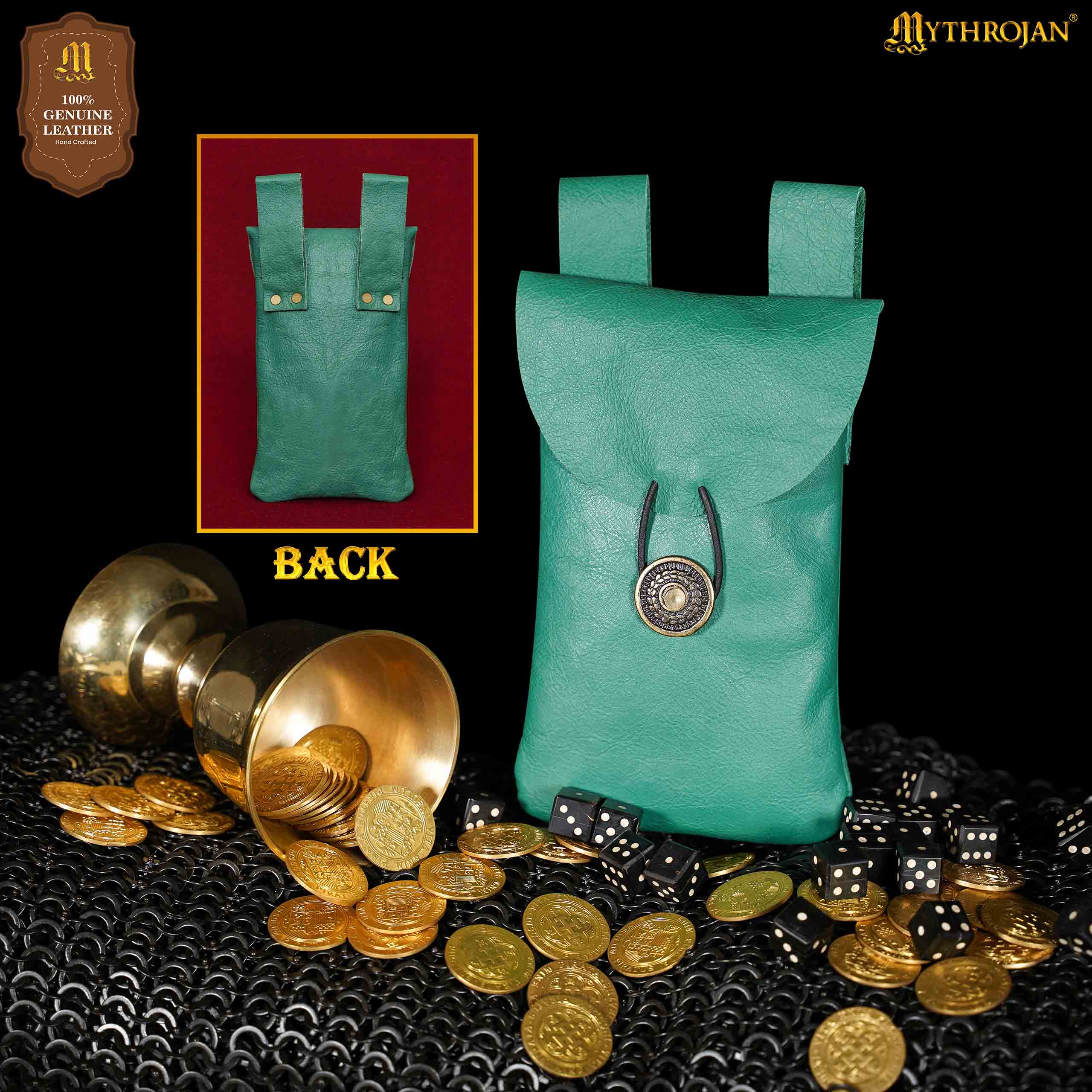 Mythrojan Leather Belt Bag, Ideal for SCA LARP Reenactment & Ren fair, Full Grain Leather, Green , 7.2 ”× 4.7 ”