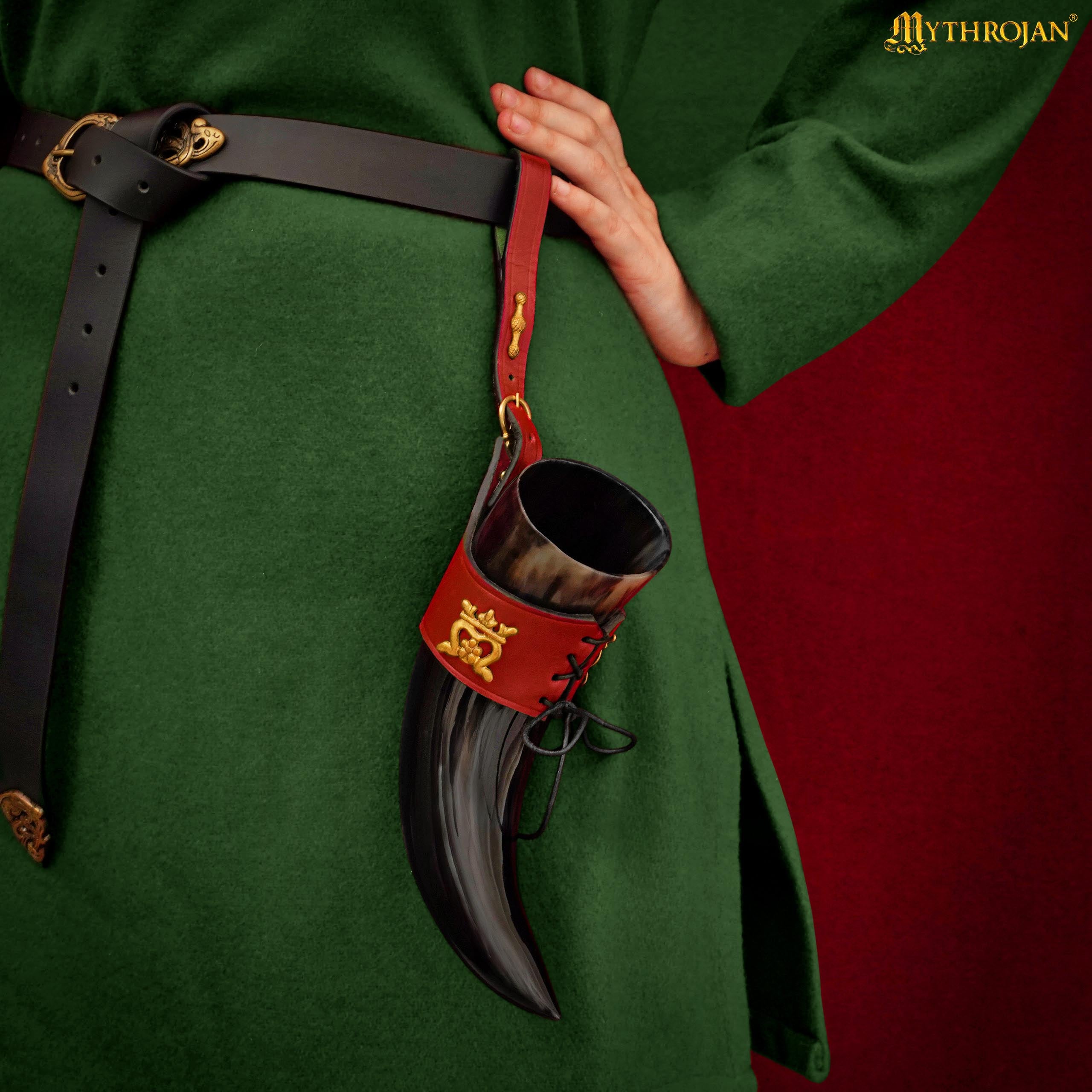 Mythrojan"THE ELEGANT LADY" Viking Drinking Horn with Leather Holder Authentic Medieval Inspired Viking Wine/Mead Mug - Polished Finish - 250 ML / Red