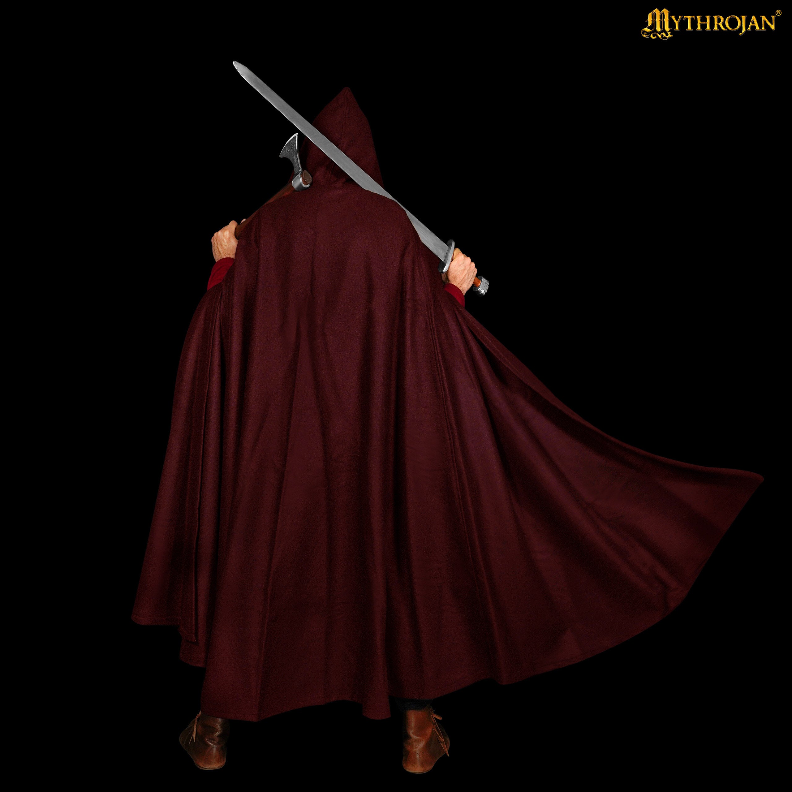 Mythrojan Woolen Hooded Cloak with Delicate Brass Brooch Medieval Wool Cape