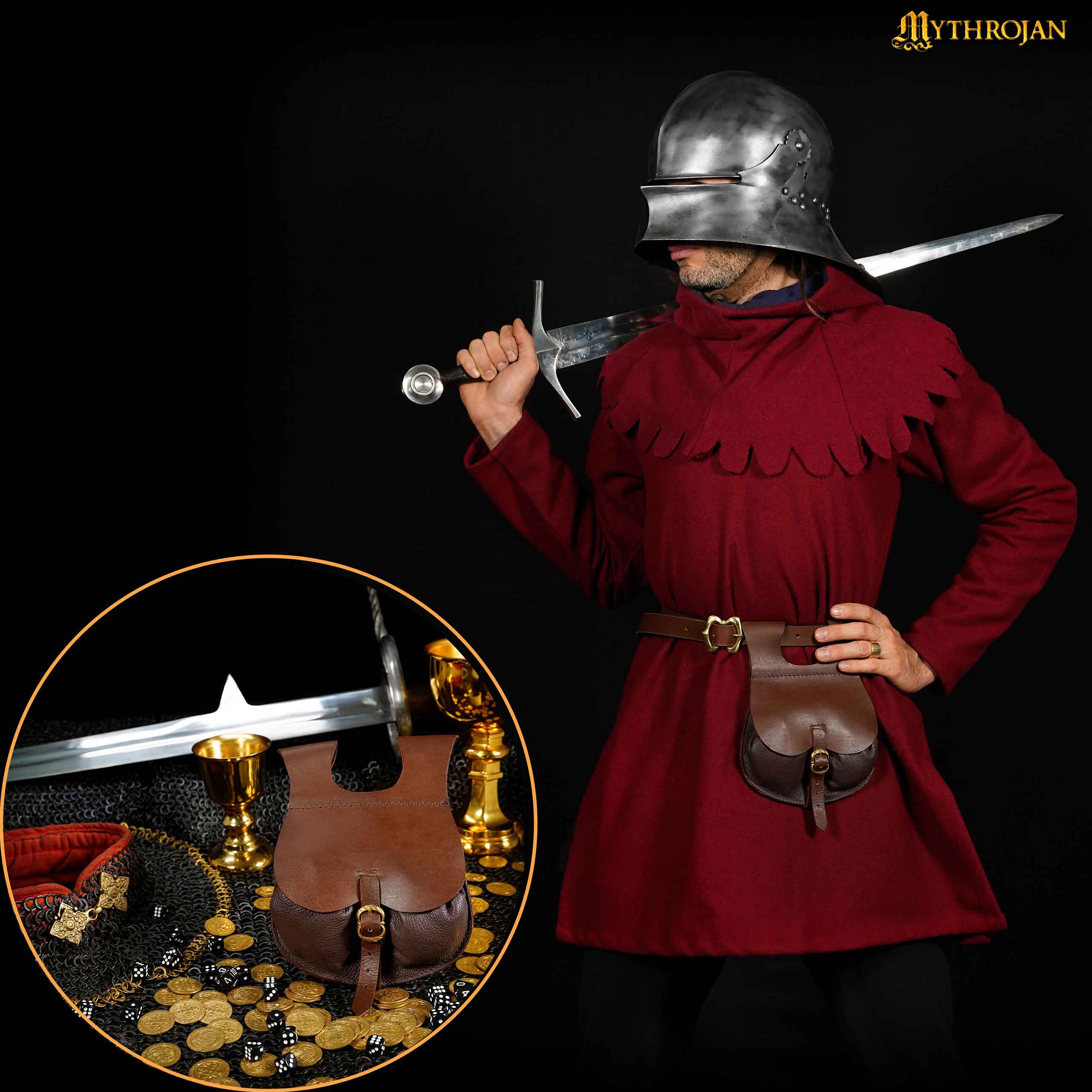 Mythrojan Medieval Belt Bag with Solid Brass Buckle , Ideal for Cosplay SCA LARP Reenactment & Ren fair, Full Grain Leather, Brown, 8.2 ” × 6.6”