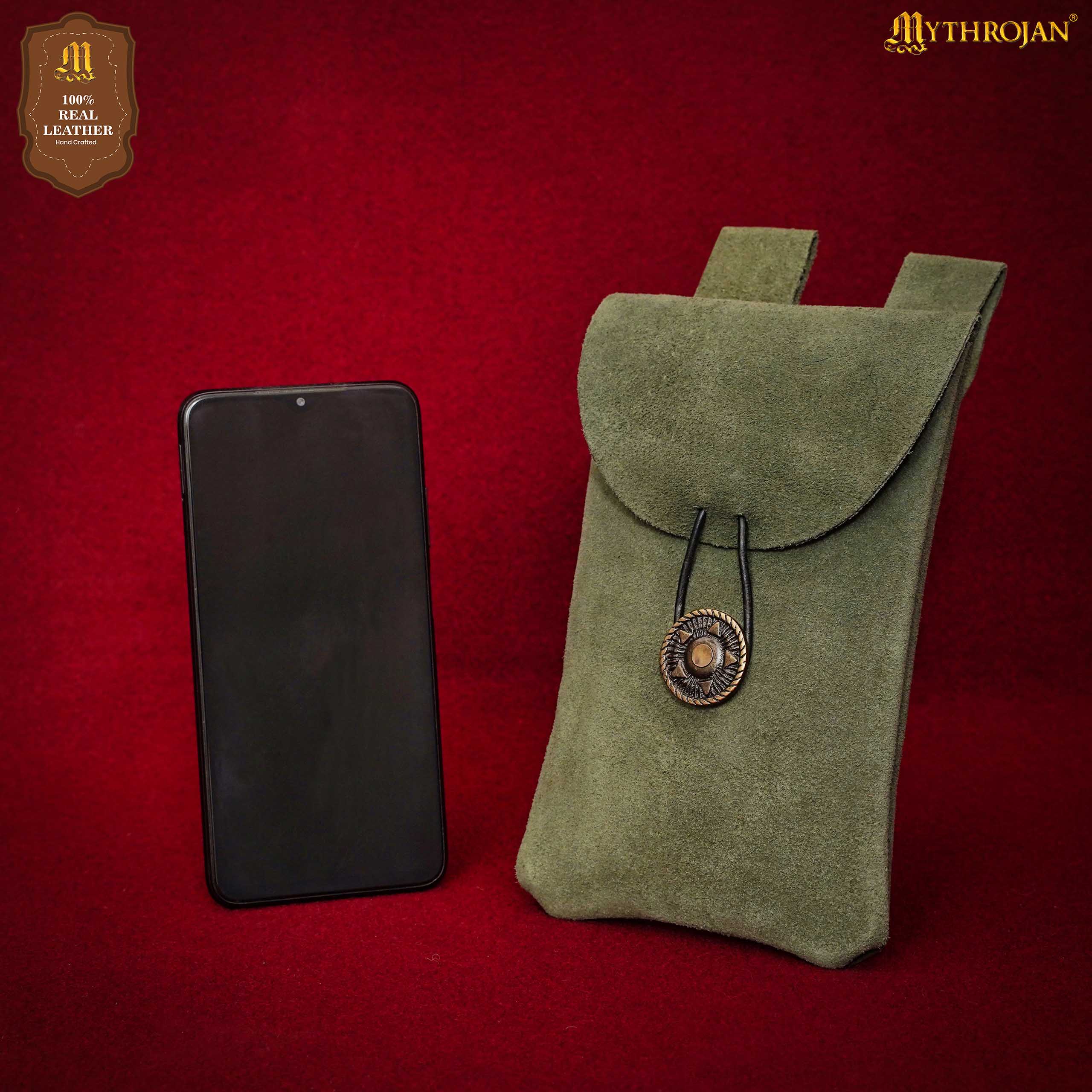 Mythrojan Suede Belt Bag, Ideal for SCA LARP Reenactment & Ren fair, Suede Leather, Dark Green , 7.2 ”× 4.7 ”