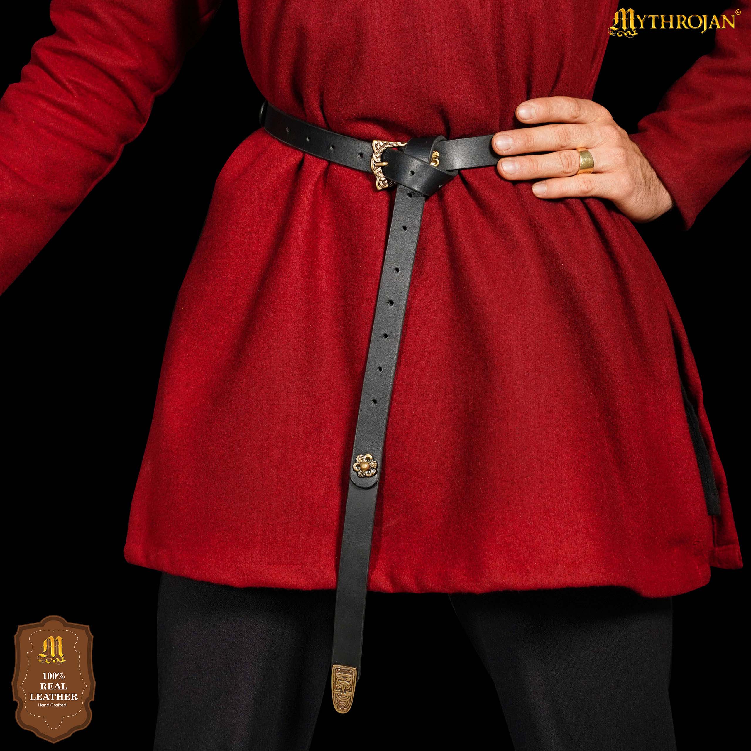 Mythrojan “Laguerta” Viking Leather Belt with Solid Brass historical Buckle and Chape, Ideal for shieldmaiden & warrior in LARP SCA Medieval Reenactment, BLACK